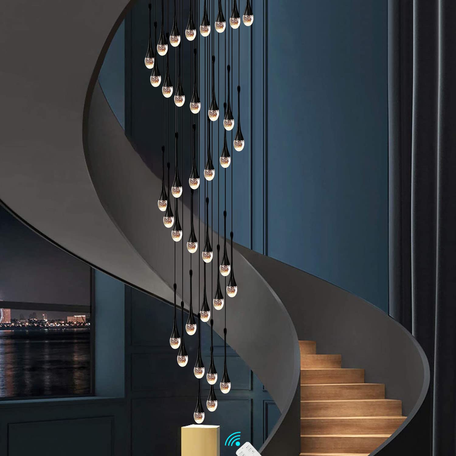 Ykolupty 150'' Long Staircase Crystal Pendant Chandeliers 36Light Black Column Crystal Chandeliers Foyer Entrance High Ceiling Hanging Chandelier 2700-6000K Dimmable Fixtures Led Big Chandeliers…