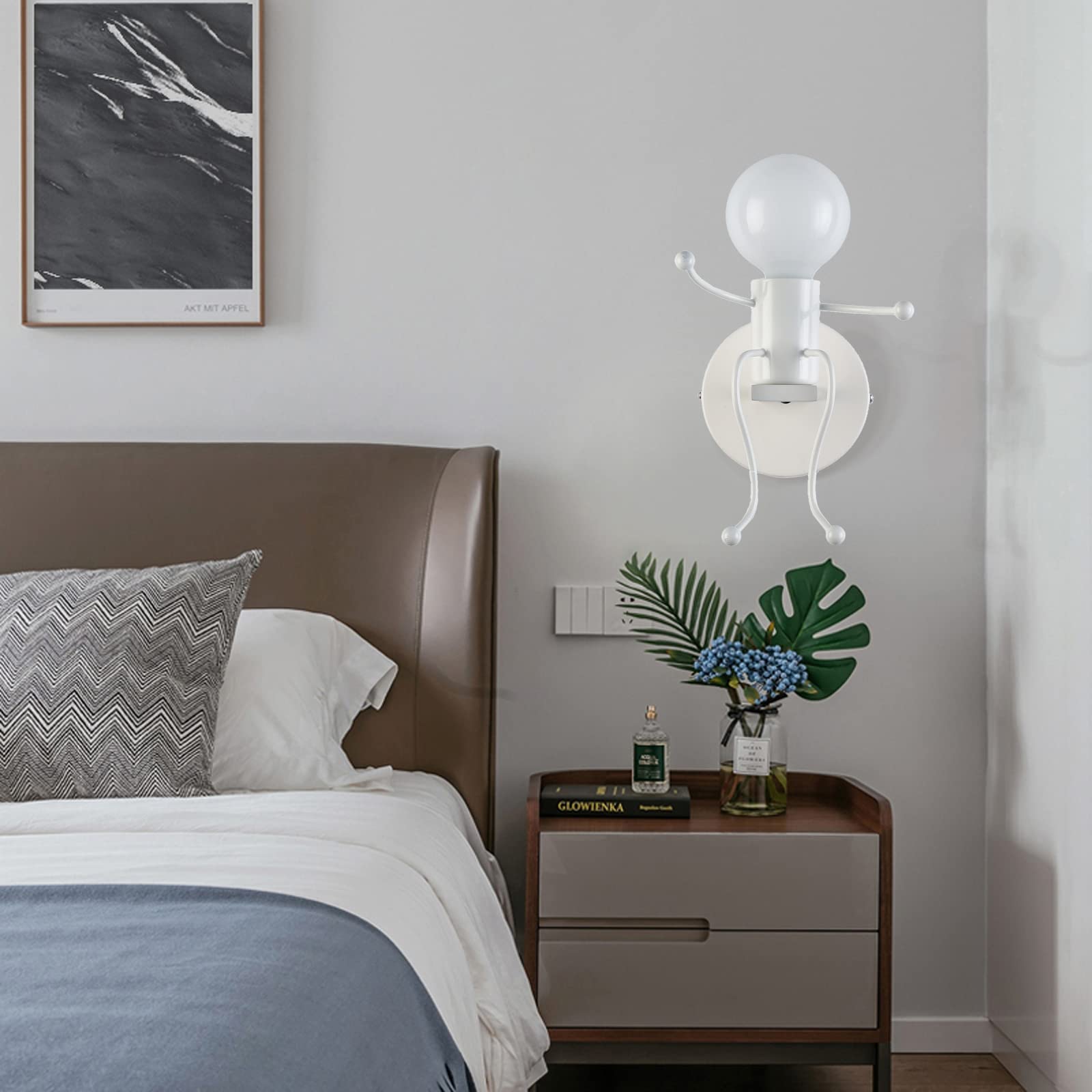 SOUTHPO Mini Wall Light Fixture, Metal Iron, White, E26 Base, Creative Little People Design, Indoor Decoration, Single Size