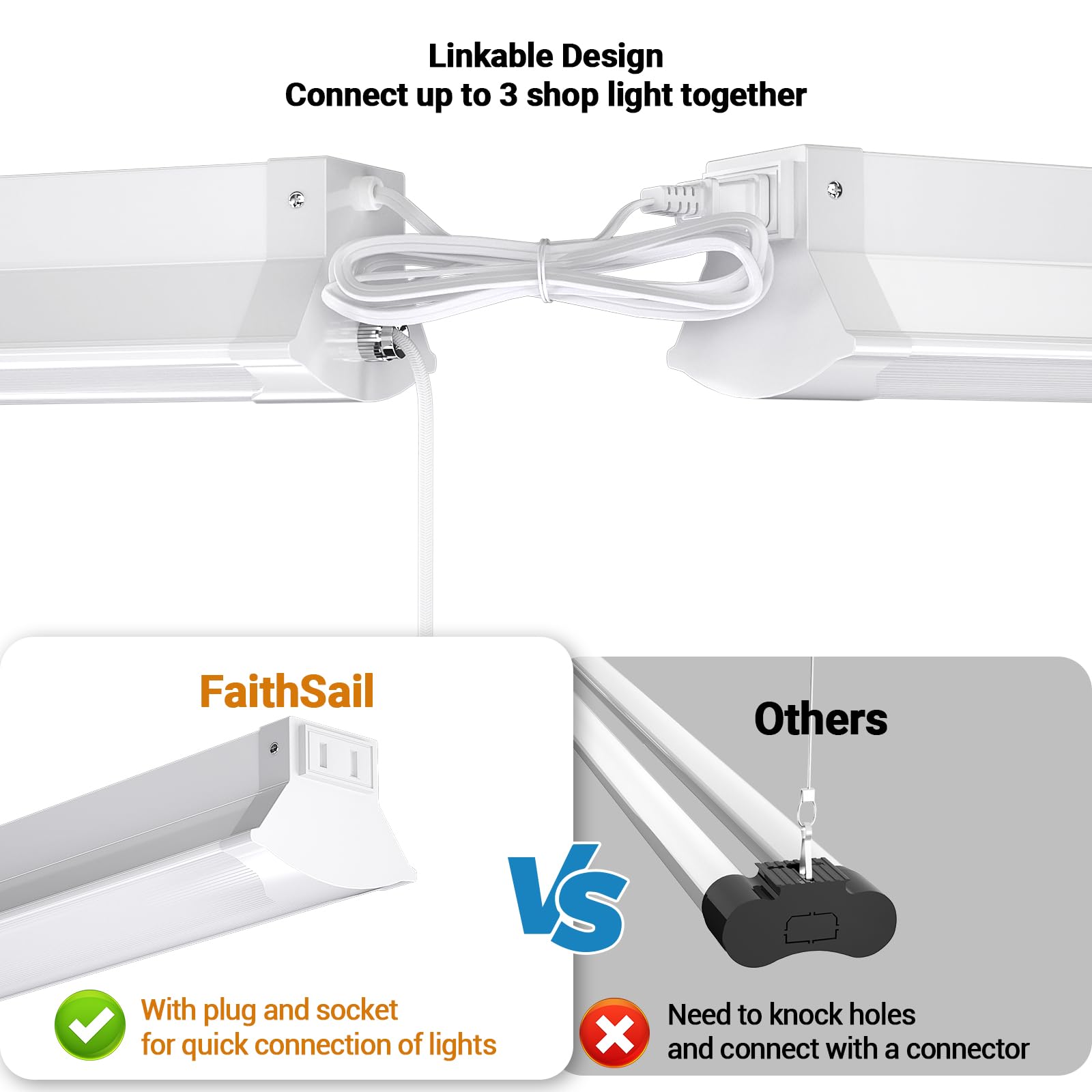 FAITHSAIL 8FT LED Shop Light, 110W, 12000 LM, 5000K, Metal, White, 4 Pack