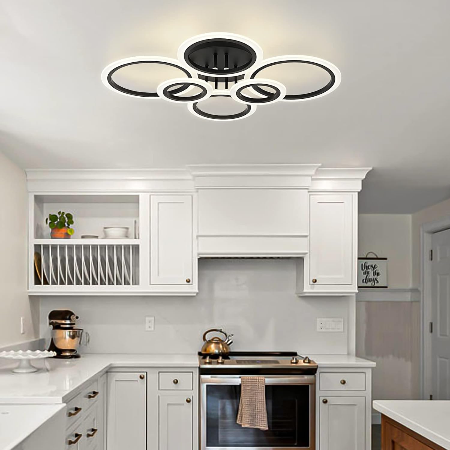 Teminbu Modern Led Ceiling Light, Black 6 Rings Flush Mount Ceiling Light, 4000K Lighting Fixture Ceiling Lamp For Kitchen, Bedroom, Living Room, Laundry Room