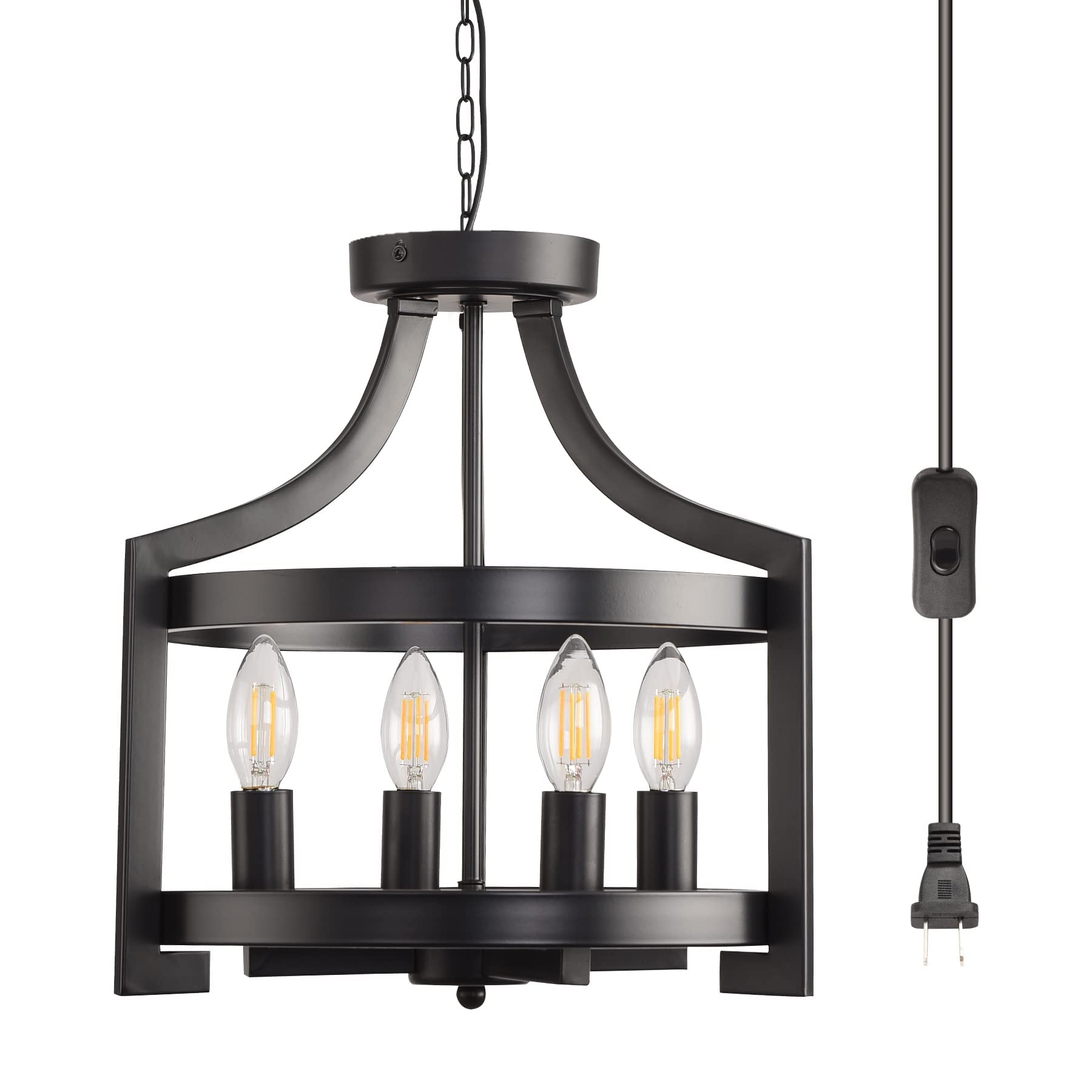 Aolala Black Plug-In Chandelier, Adjustable 4-Light Pendant Fixture For Dining Room, Kitchen, Foyer