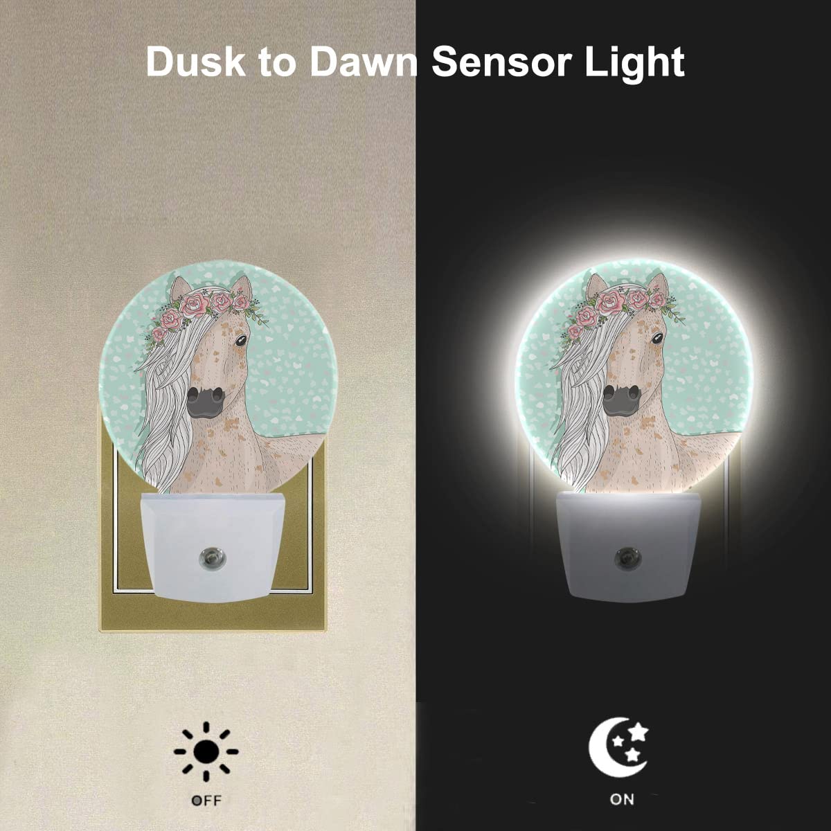 Ekobla Watercolor Horse Night Light Wild Life Animal Horse Long Hair With Flowers Wreath Small Green Dots Plug-In Nightlights Du