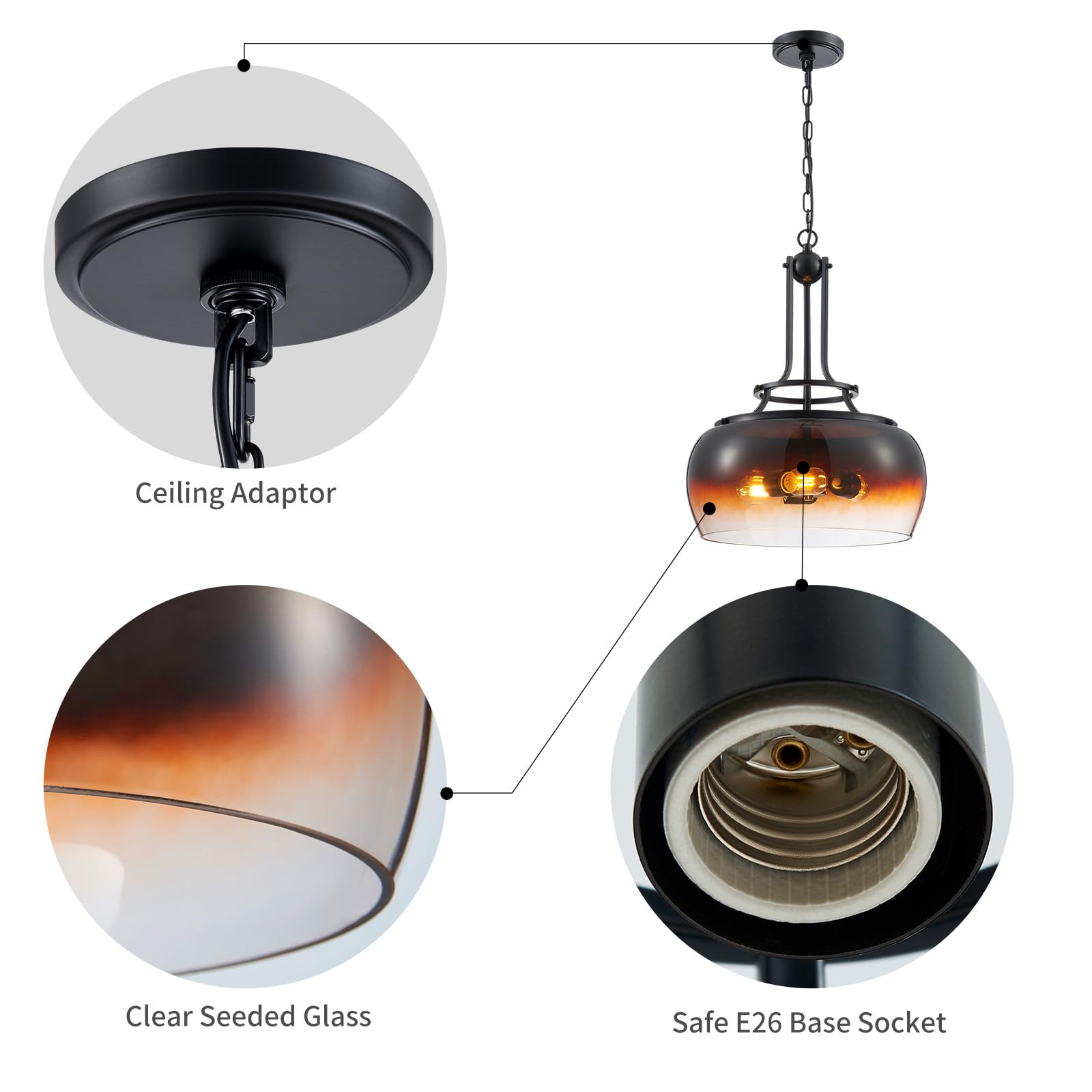 WUZUPS Chandelier Pendant Light Fixture, 3-Light, Amber Gradient Black Glass Shade, H 20.9in W 15.9in, Model USHD30308CO