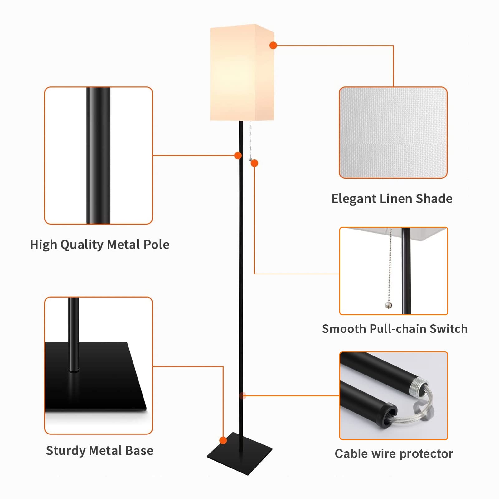FIGDIFOR Modern Floor Lamp, Black Linen Shade, Simple Design for Living Room, Bedroom, Office, Model FL-201030
