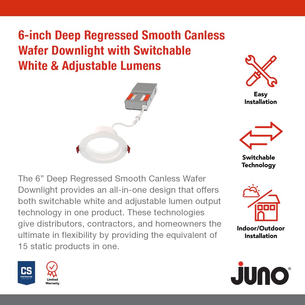 Juno Wf6 Dreg Sm Alo20 Sww5 90Cri Mw M6 Canless Wafer Recessed Led Downlight, Deep Regressed Smooth Trim Style, 6-Inch, Matte White