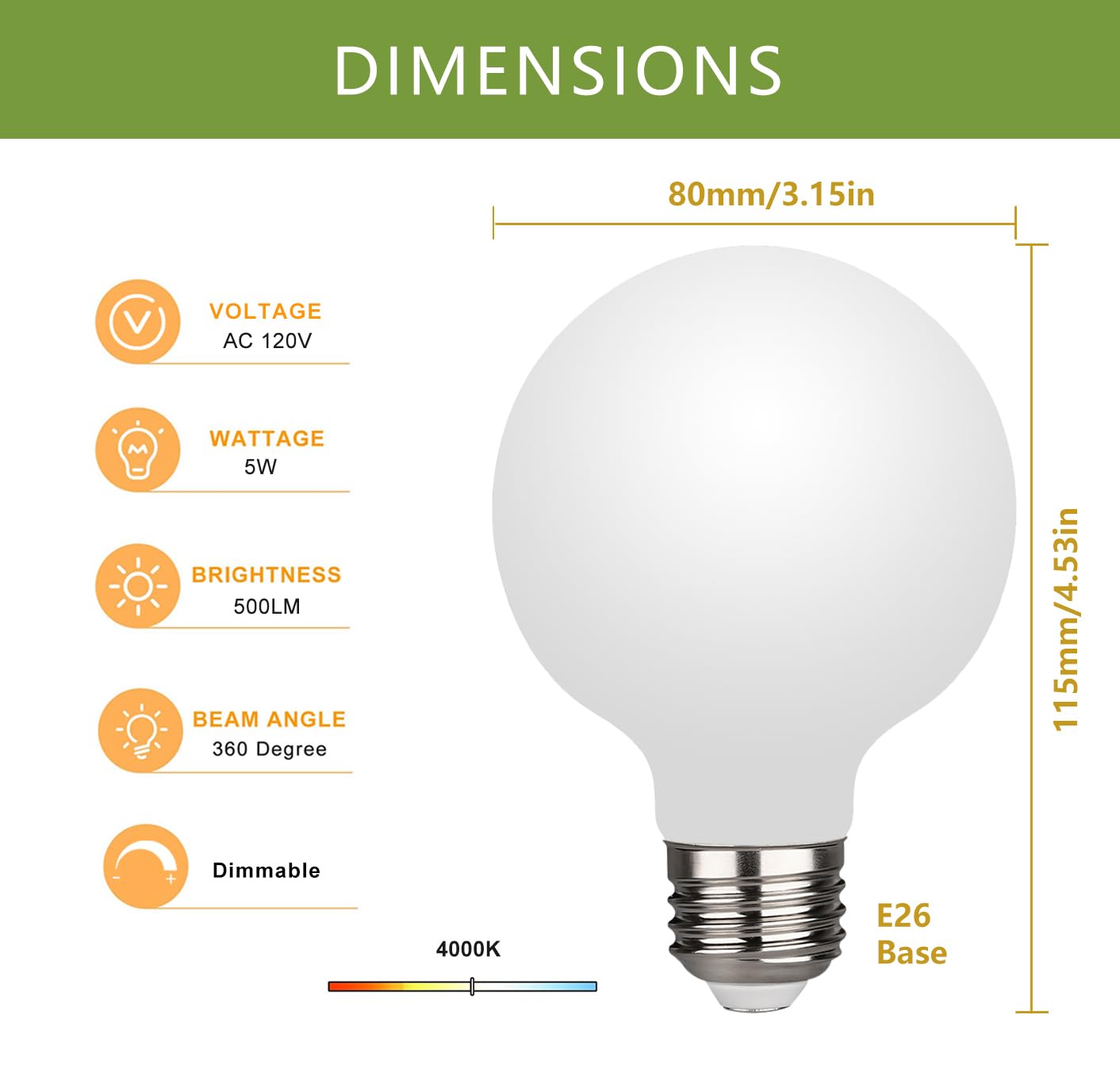 Meilux 6 Pack G25(G80) Globe Led Light Bulbs, 5W Dimmable 40 Watt Equivalent Led Edison Bulbs, Neutral White 4000K, 500Lm, E26 B