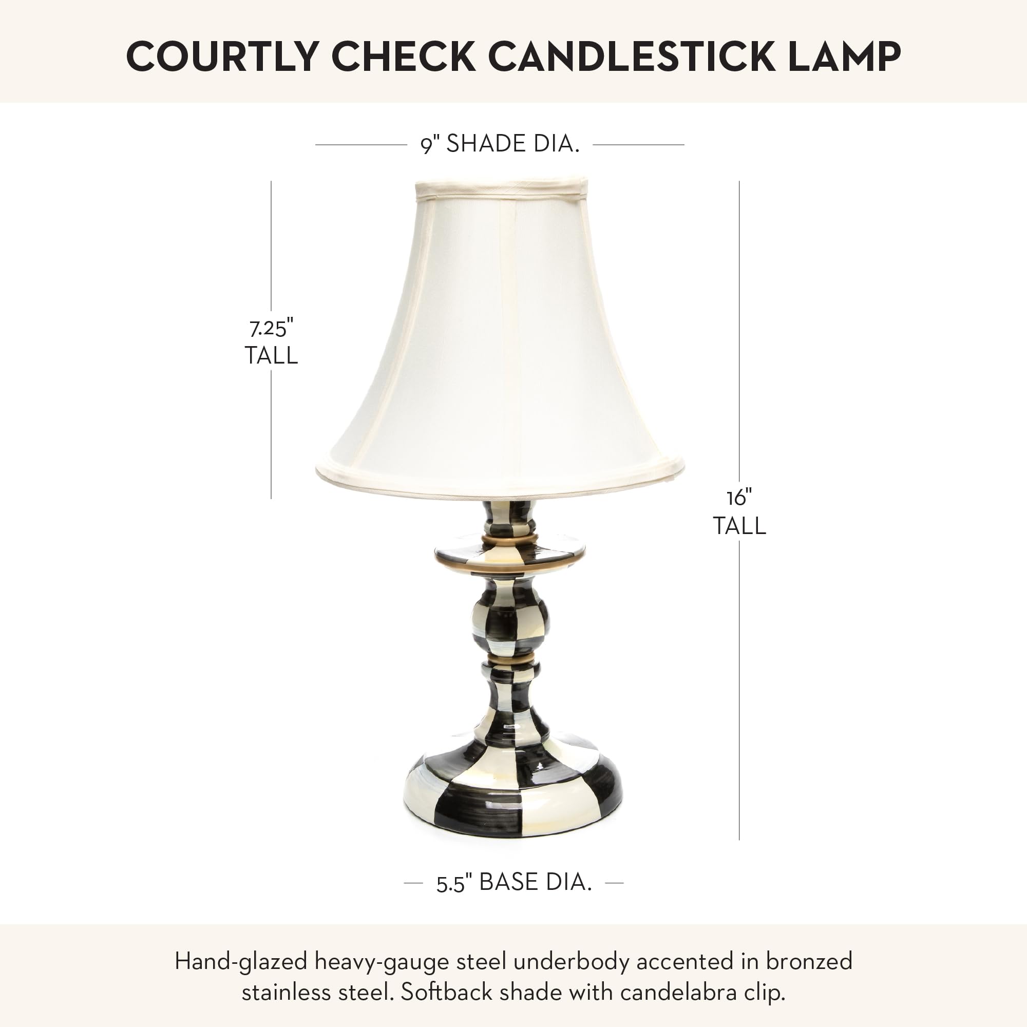 Mackenzie-Childs Candlestick Lamp, Decorative Lamp For Living Room Or Bedroom, Black-And-White Courtly Check