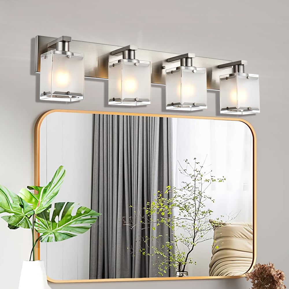 WINSHEN 4-Lights Bathroom Light Fixture, Brushed Nickel Vanity Lighting with Frosted Glass, Model 4WSN-XOTFZO