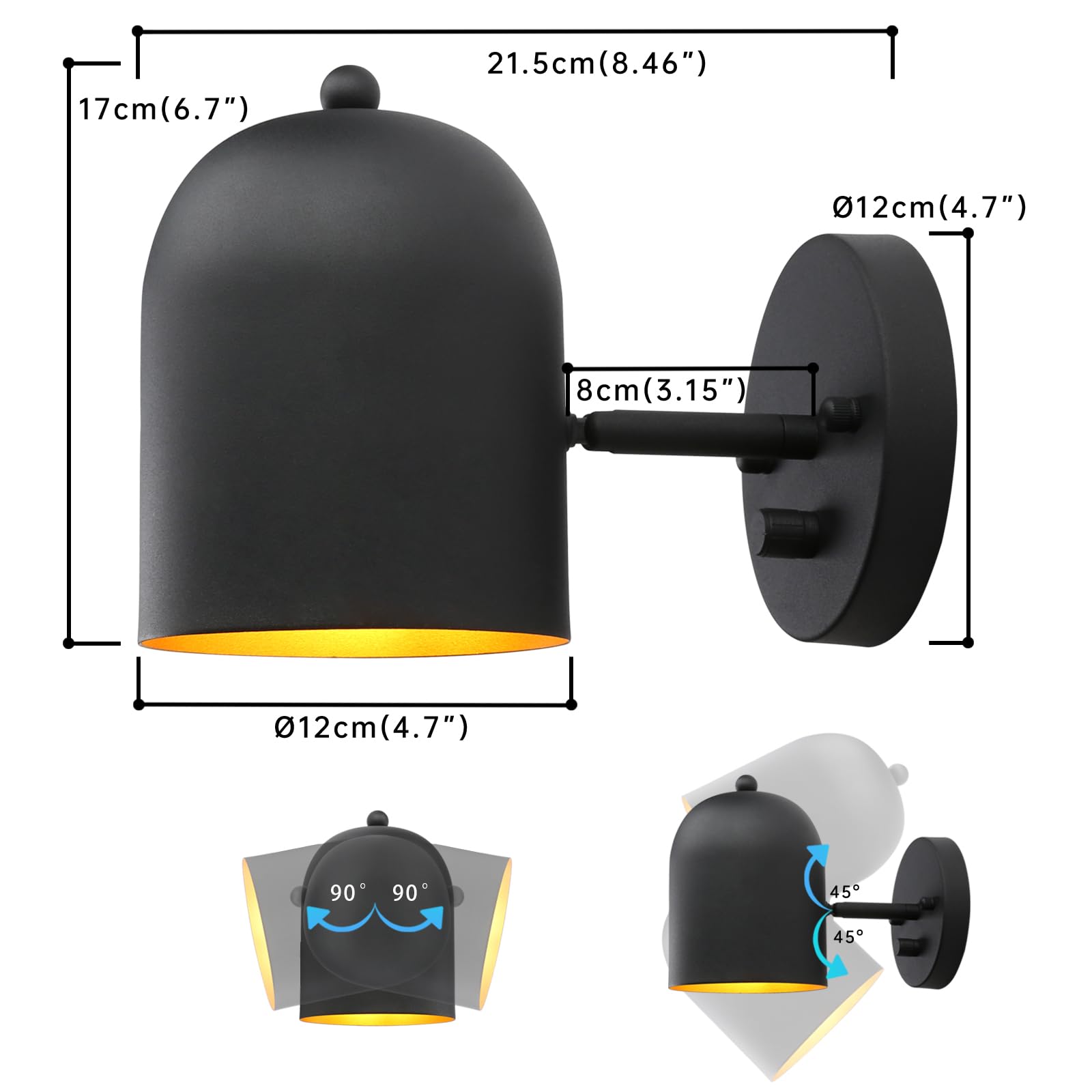 Pathson Set Of 2 Modern Wall Sconce Dimmer Switch, Matte Black Wall Light Lamp Adjustable Light Angle Wall Vanity Lighting, E26