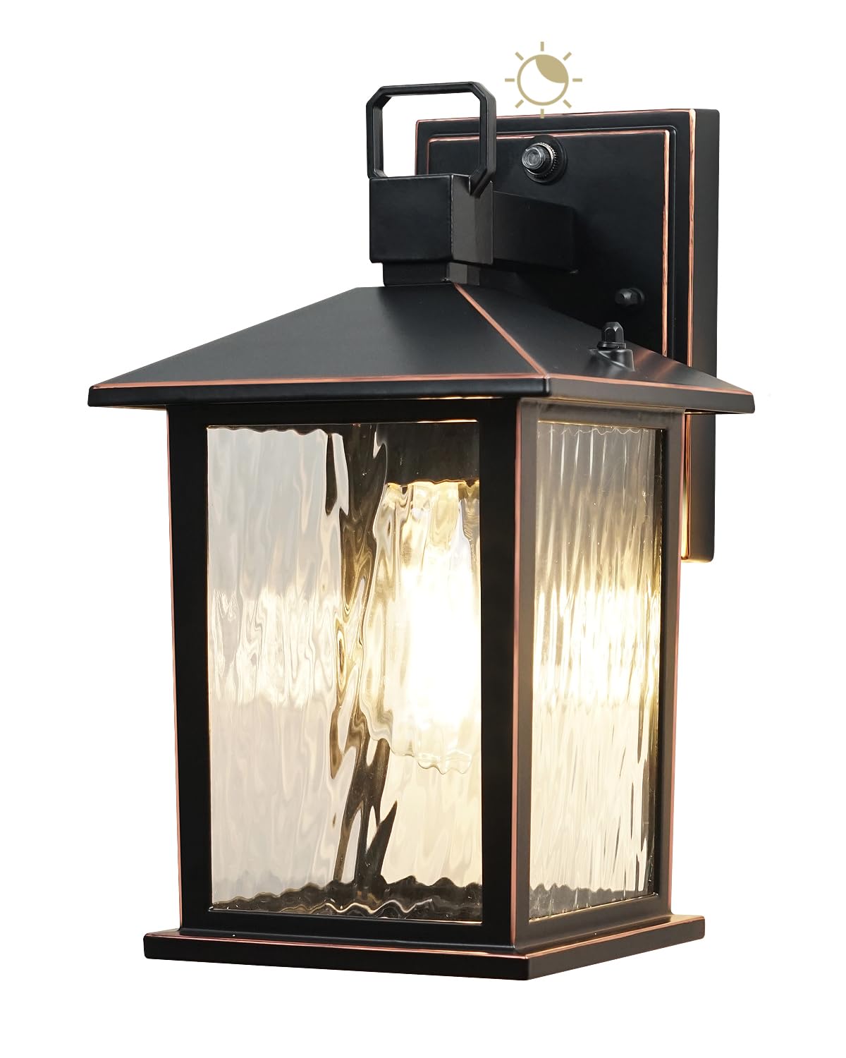 ZILLSEA Dusk to Dawn Porch Light Wall Mount, 12'' Oil Rubbed Bronze Outdoor Light Fixture with Water Ripple Glass, Hardwired Die