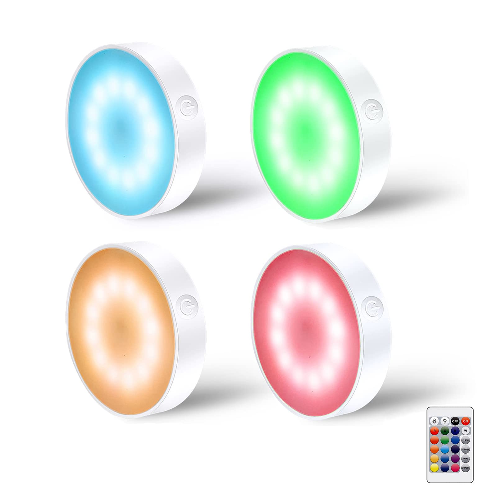 Lavaed 4 Pack Rgb+W 16 Color Changing Puck Lights With Remote Control 12Led Dimmable Closet Lights 600Mah Usb Rechargeable Under