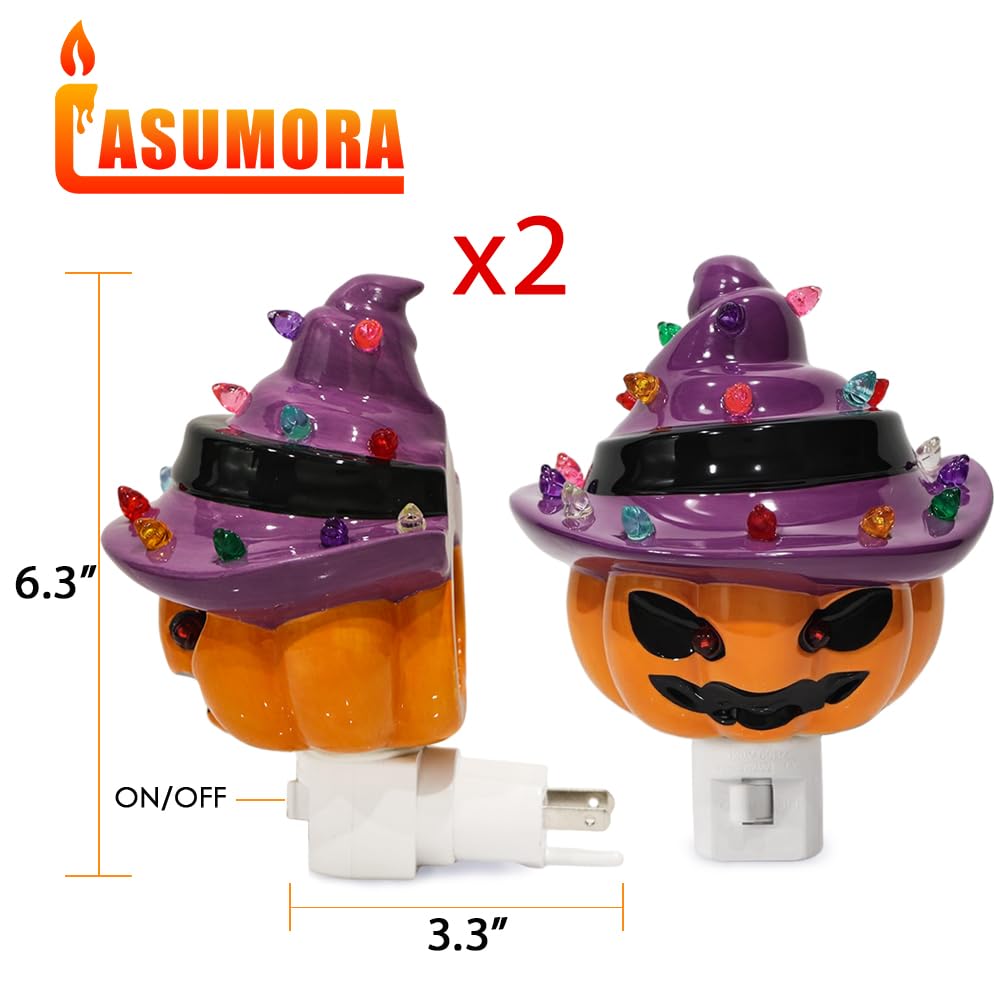 Lasumora Halloween Ceramic Night Light Plug-In  2 Pack Pumpkin In Witch Hat  Vintage Halloween Decorative Night Light  Festive Halloween Decor Indoor Jack O Lantern For Party Gift Bedroom & Hallway