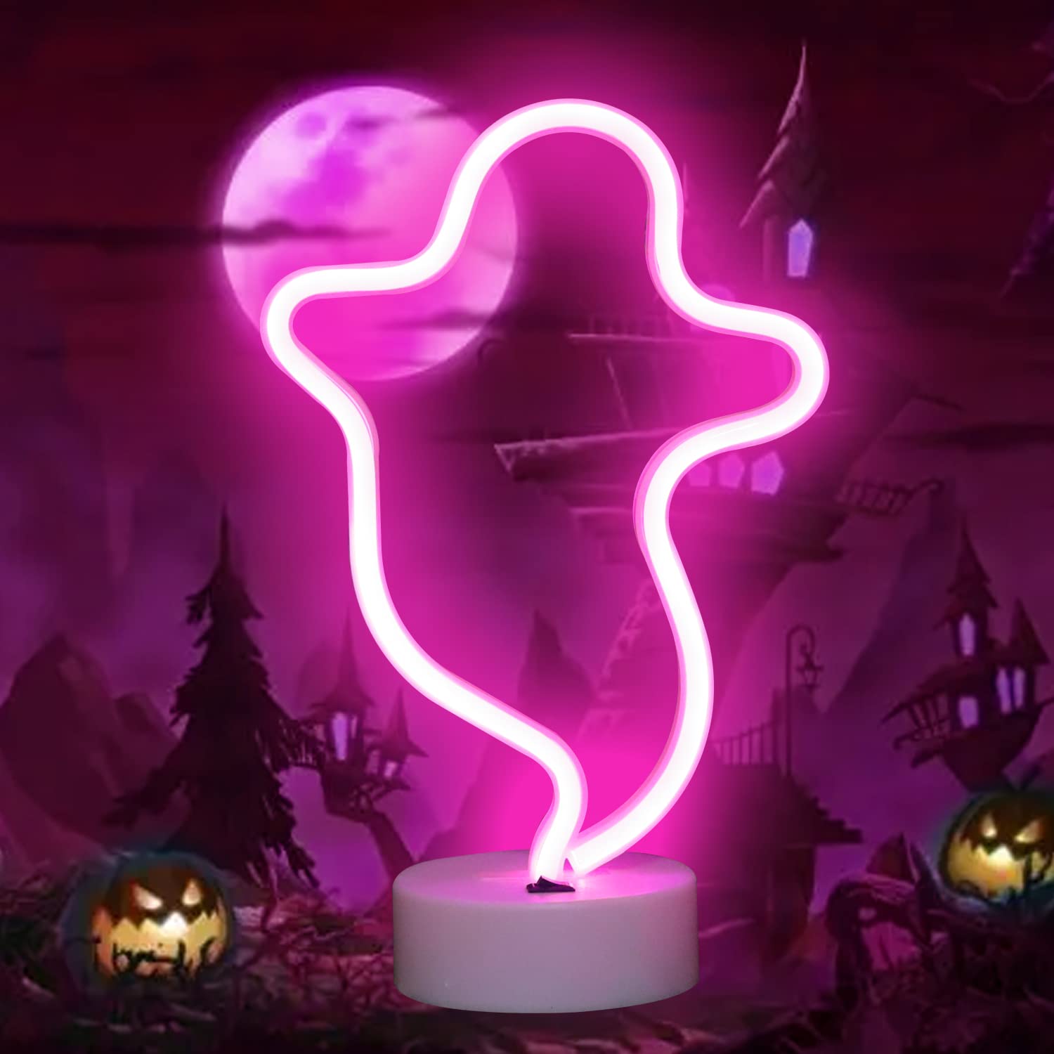 Vicila Ghost Neon Sign Lamp, LED Halloween Night Light, Pink, Model NS30, Plastic, Decorative for Nursery, Party, Christmas