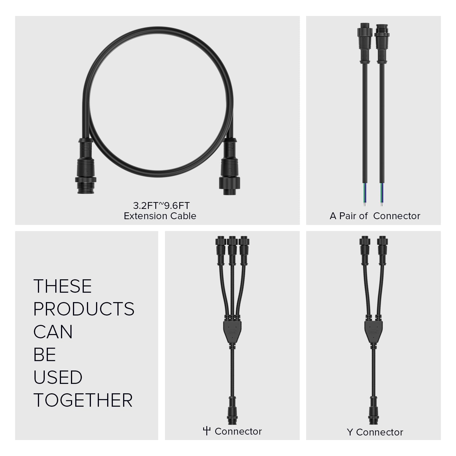 BTF-LIGHTING 3 Pin Big Size IP67 Y Shape Connector, 1 Male to 3 Female, Black Plastic, 0.75mm²/18AWG, Model WP3