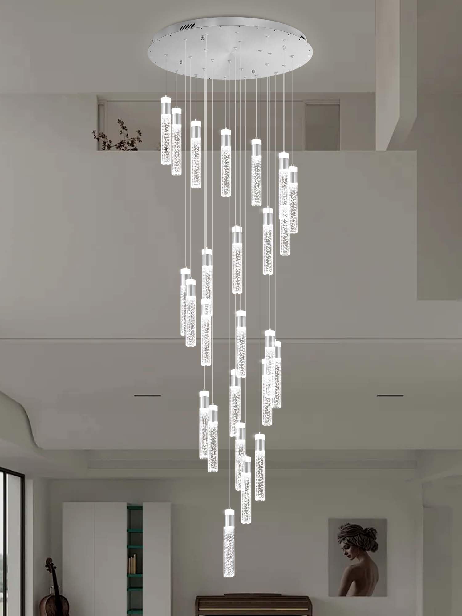 Idequy 25-Light Silver Modern Crystal Raindrop Chandelier For Foyer Stair Well Entrance 130'' Long Crystal Bubble Column Chandel