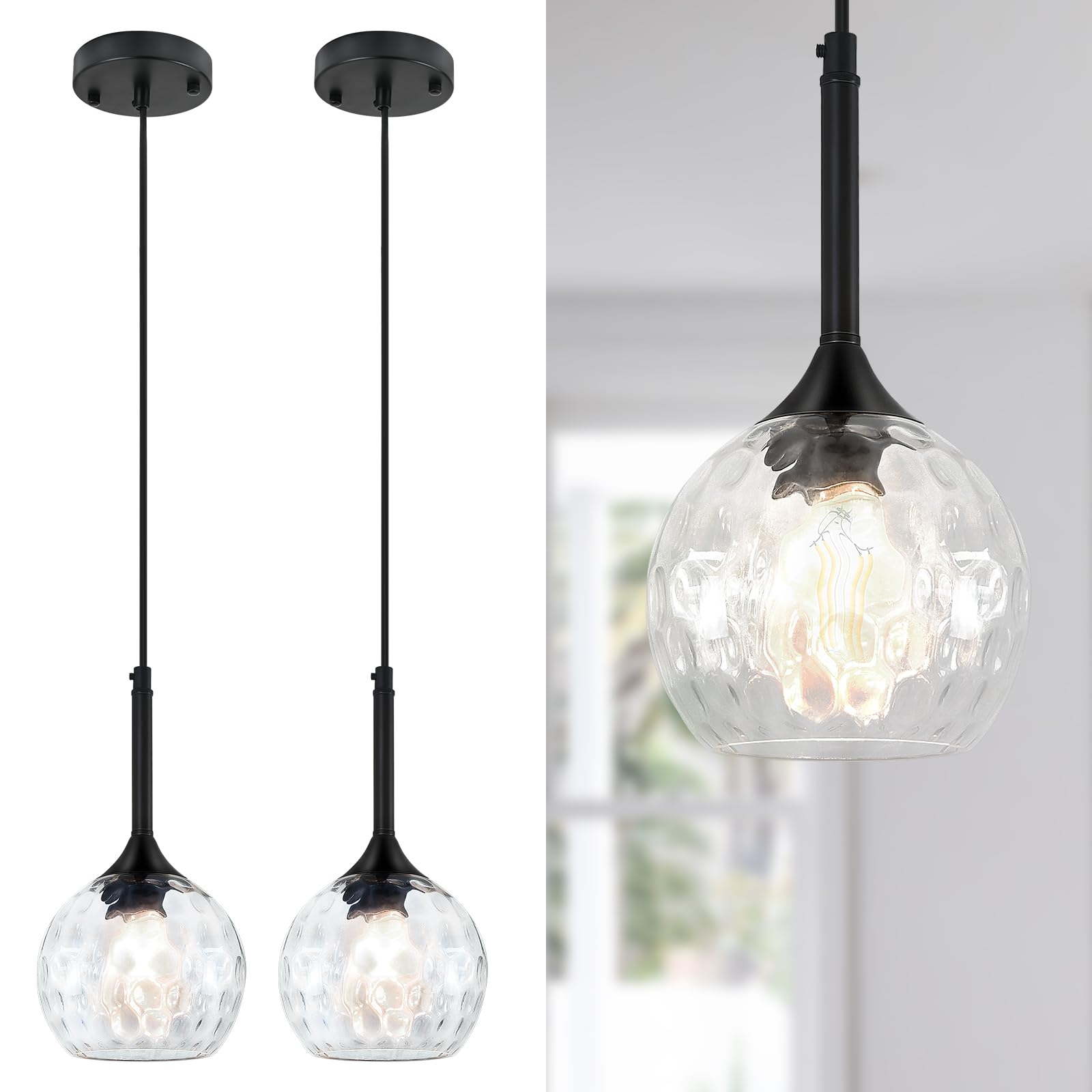 JHLBYL Glass Pendant Light Fixtures, 2 Pack, 6in  Black with Clear Hammered Glass, Model HGPL02