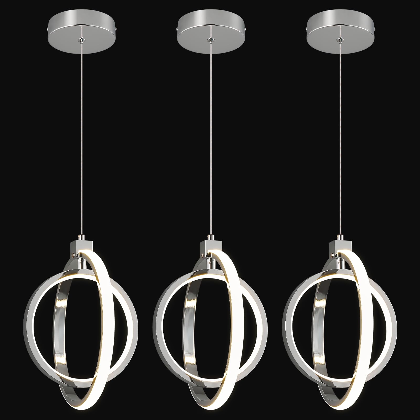 BNHHLZ Modern LED Chandelier Pendant Light Fixtures, 4000K Dimmable, Height Adjustable, Round 3-Pack, Chrome, Model 6016-Chrome-3Pack
