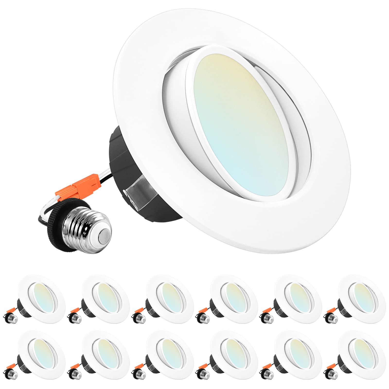 LUXRITE 12-Pack 4 Inch Gimbal LED Recessed Lighting Can Lights, 8W=60W, 5 Color Selectable 2700K-5000K, CRI 90, Dimmable Adjusta