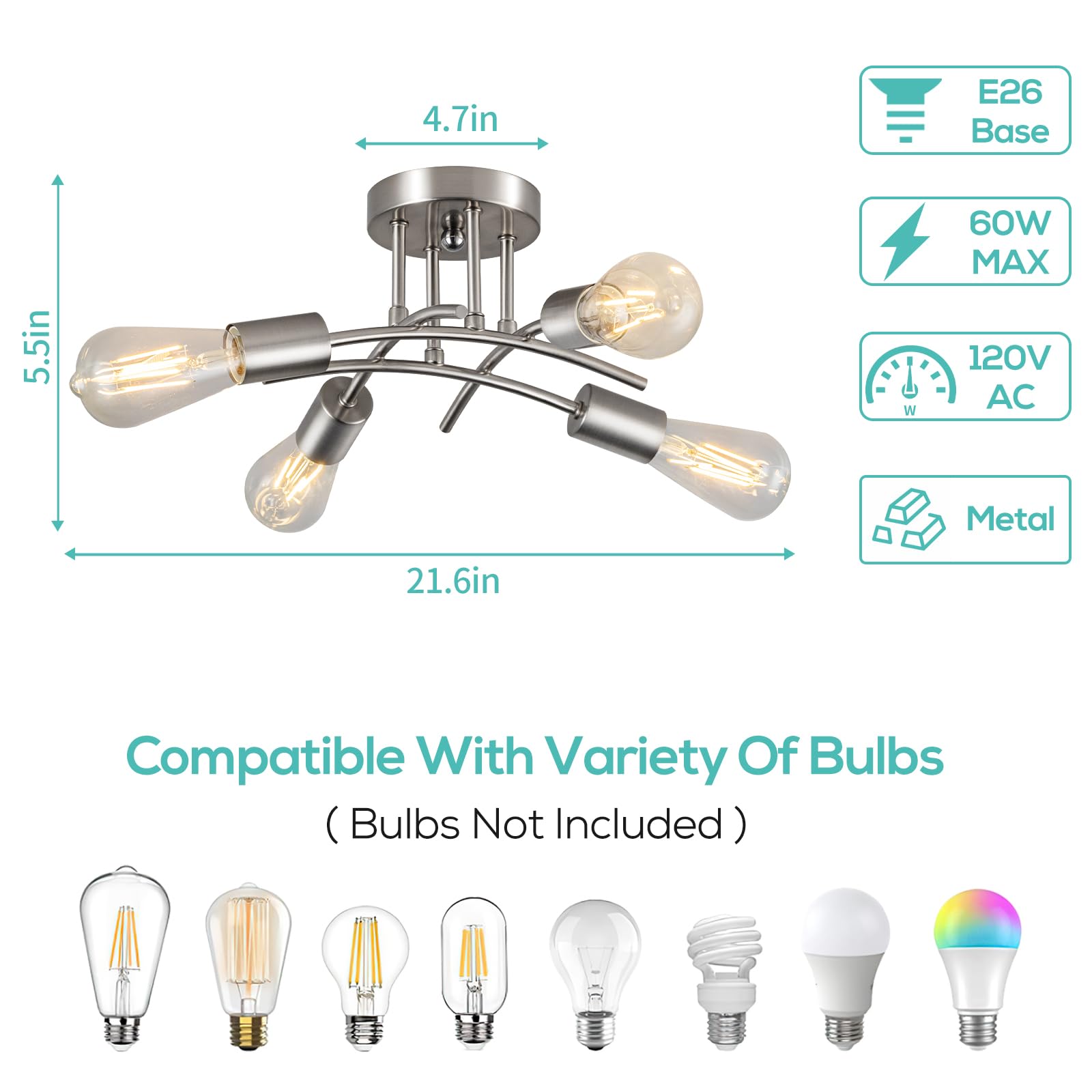 Piano7797 4-Light Industrial Semi Flush Mount Ceiling Light Fixture, Modern Sputnik Chandelier Light Fixture,Brushed Nickel Ceil