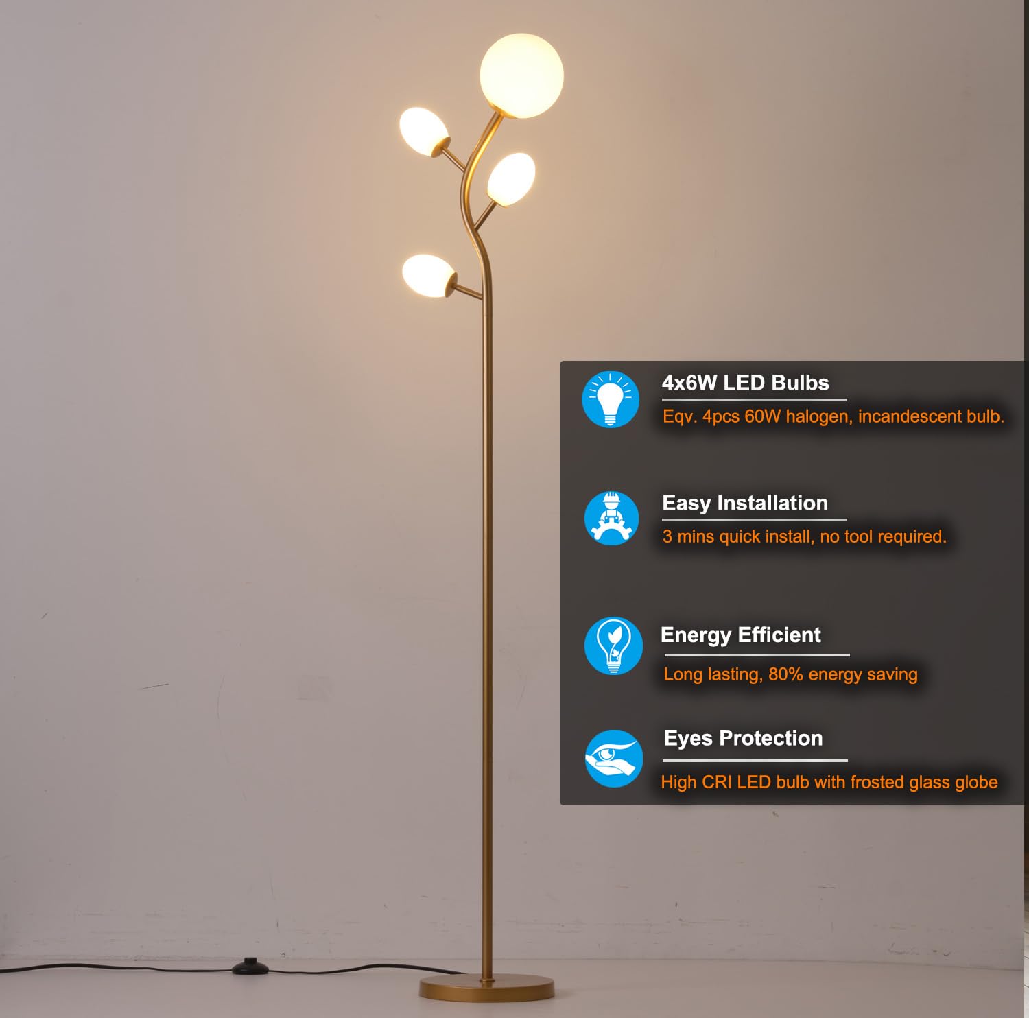 Fiqevs Globe Tree Floor Lamp With 4 Frosted Glass Shade & Led Bulbs, Mid Century Modern Standing Lamp 2700K Warm Light, Vintage