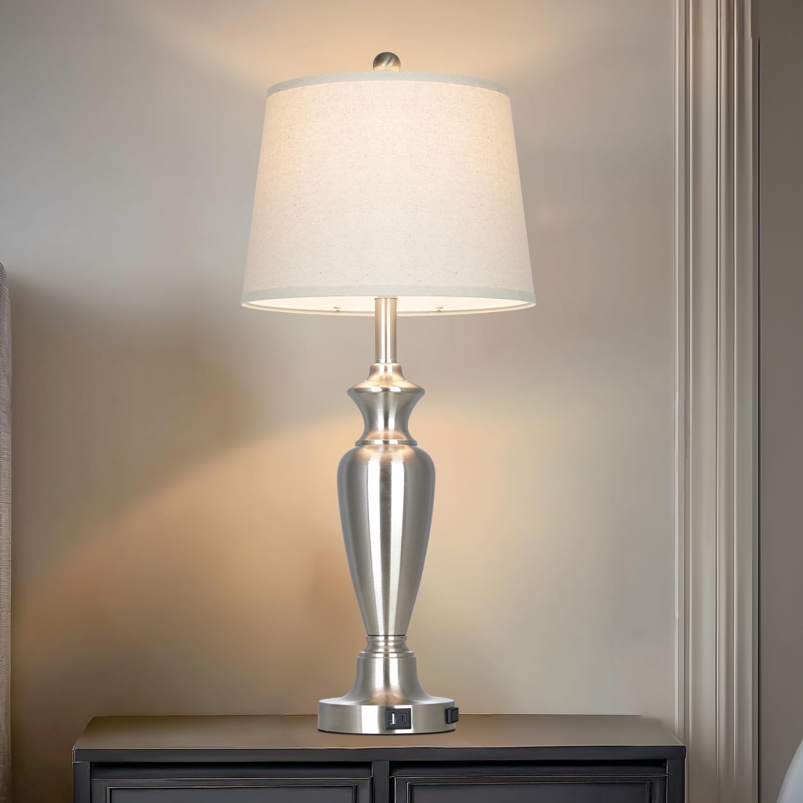 Cinyirong 30 Tall Silver Table Lamp for Living Room, 3-Way Dimmable Touch Control Bedside Lamp for Bedroom Nightstand with USB A