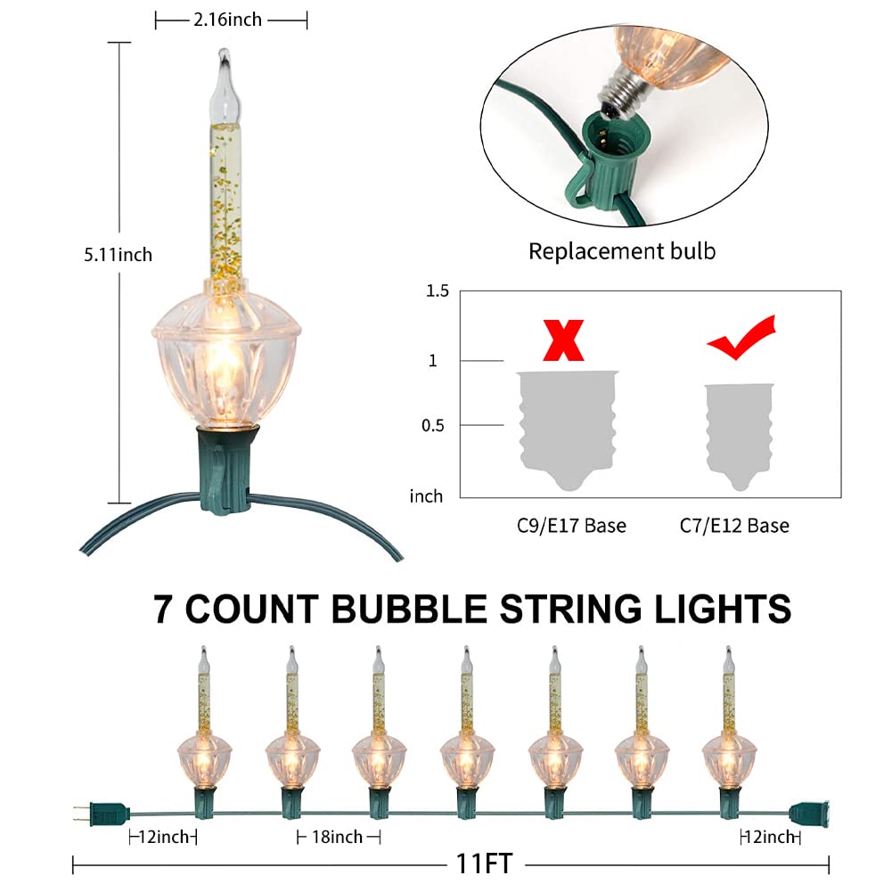 Konictom Christmas Bubble Light Set - 2 Pack with 7 Clear Bulbs, Golden Glitter, C7/E12 Base, Green Wire, 14 Lights Total