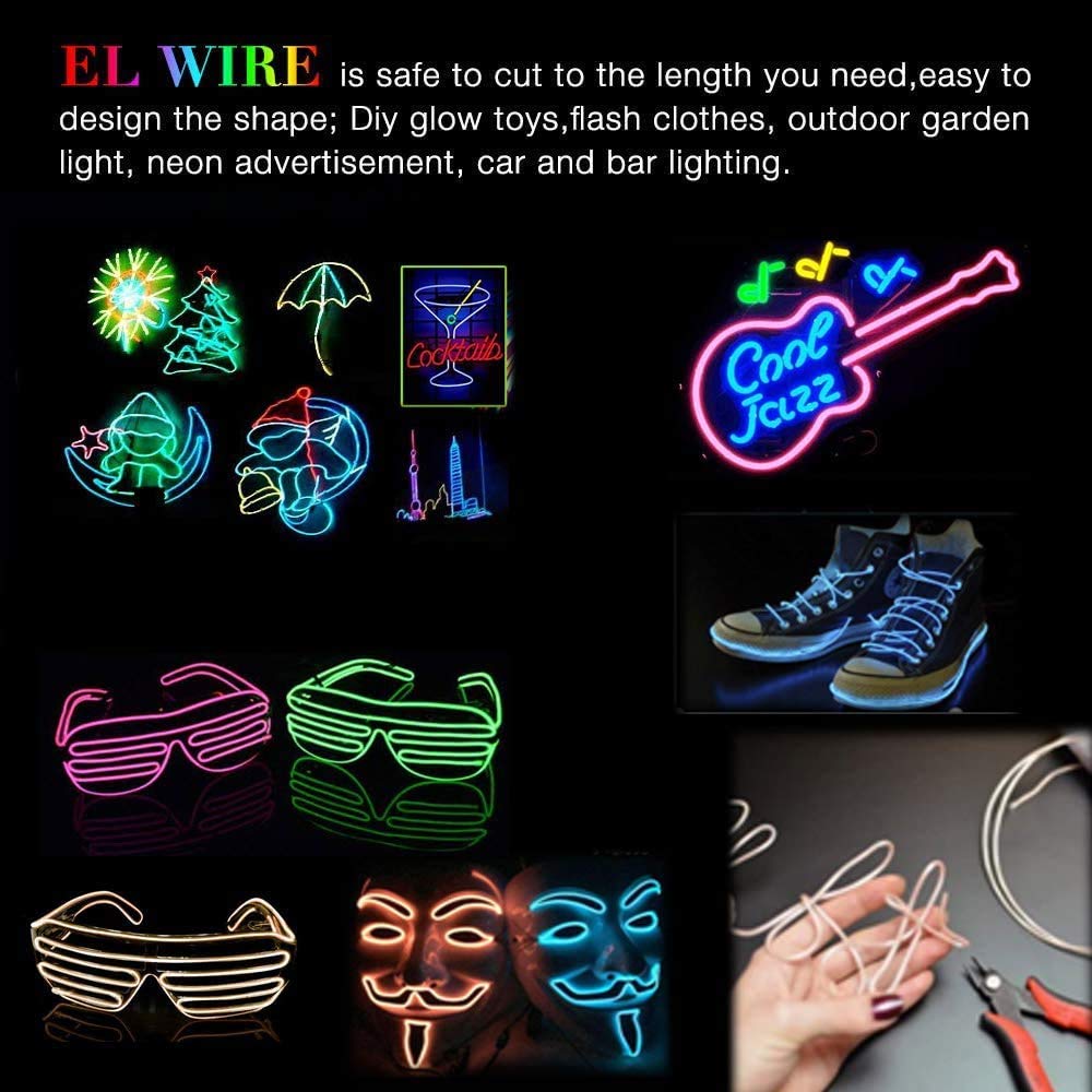 Maxlax El Wire Red, 2M Portable Battery Pack Neon Lights Strip 360° Cuttable Glowing Rope Lights For Parties, Halloween, Diy Decoration