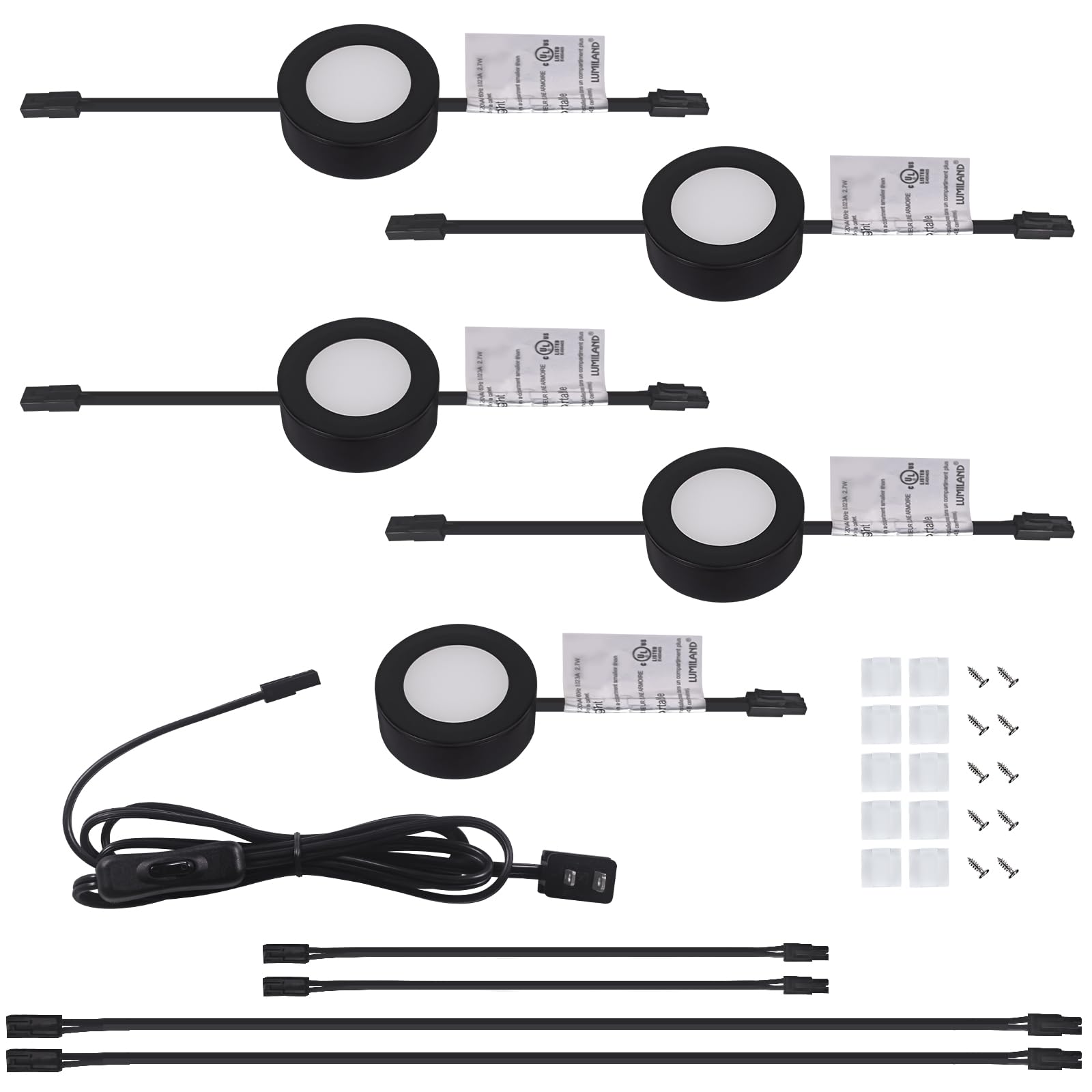 Lumiland Wired Led Puck Lights (2.7Wx5) Plug-In Lighting Warm White (3000K), Led Cabinet Light For Kitchen Can Be Surface Mount