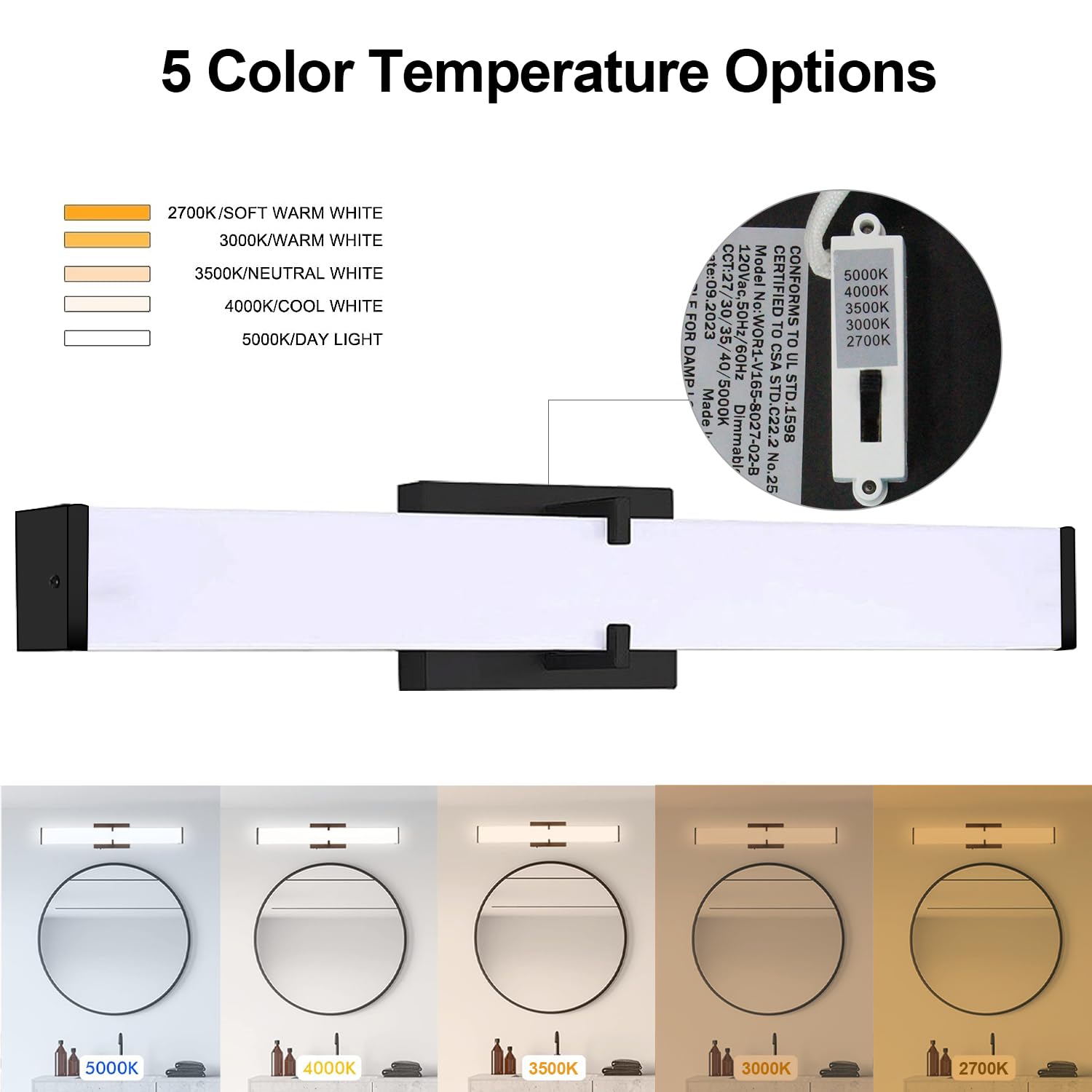 NOVELUX 32 Inch Dimmable Bathroom Vanity Light, Black Matte Stainless Steel, 5CCT, Model NX-US-SVL-UT-32in-36W-5CCT-M