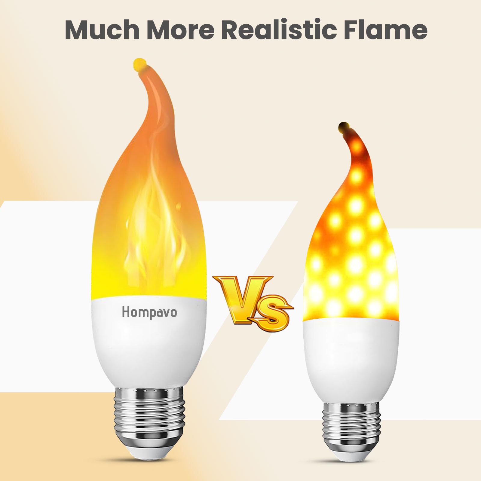 Hompavo LED Flame Light Bulbs, E26 Chandelier Base, 3 Modes Flickering, 2 Pack, Plastic, Candle Angular2