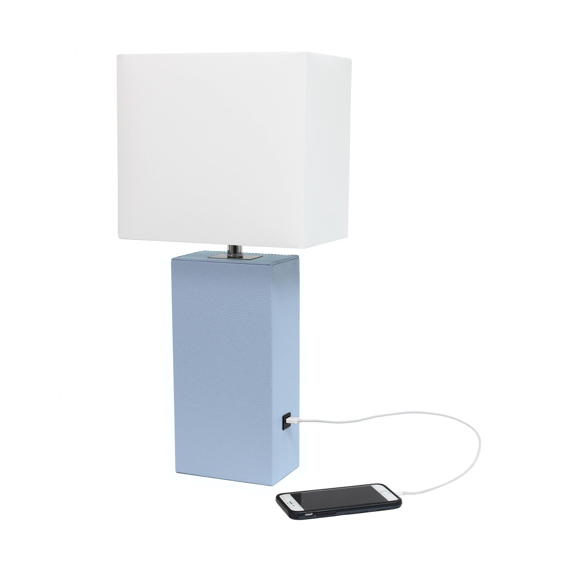 Elegant Designs Lt1053-Pwk Modern Leather Usb And White Fabric Shade Table Lamp, Periwinkle (Pack Of 1)