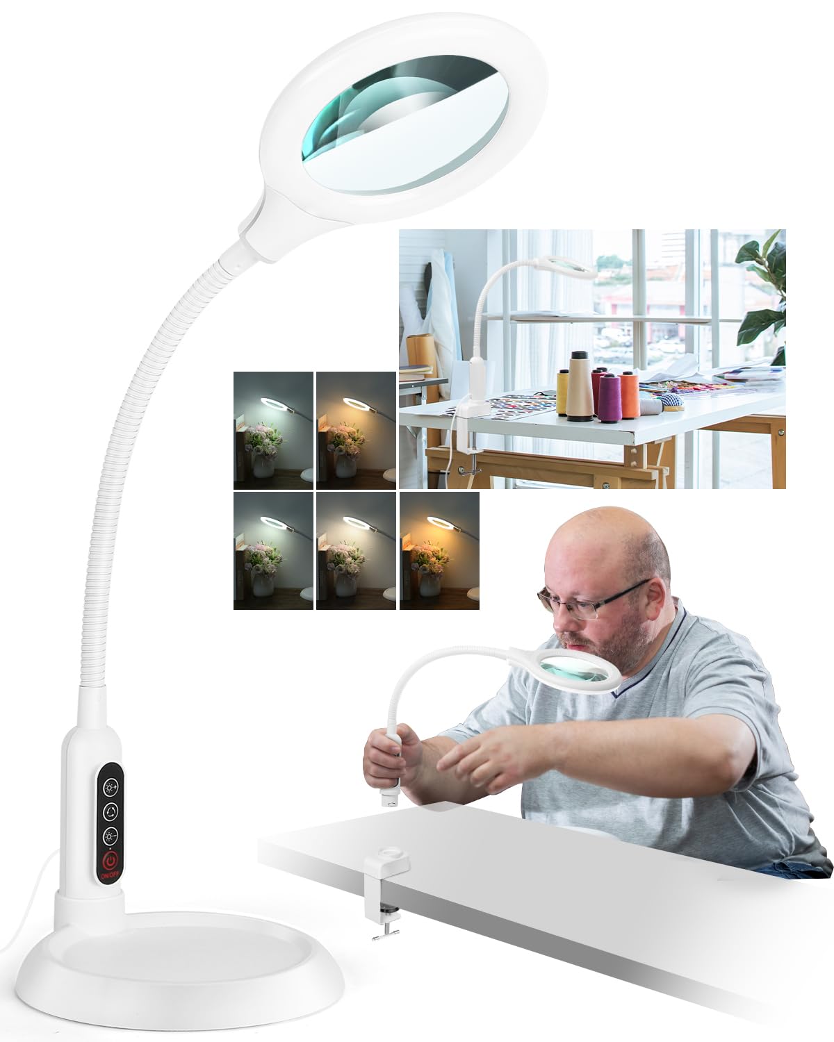 RackydigPro 10X Magnifying Glass with Light, LED 5 Color Modes, Stepless Dimming, Plastic, White, Model WJT031FE01R