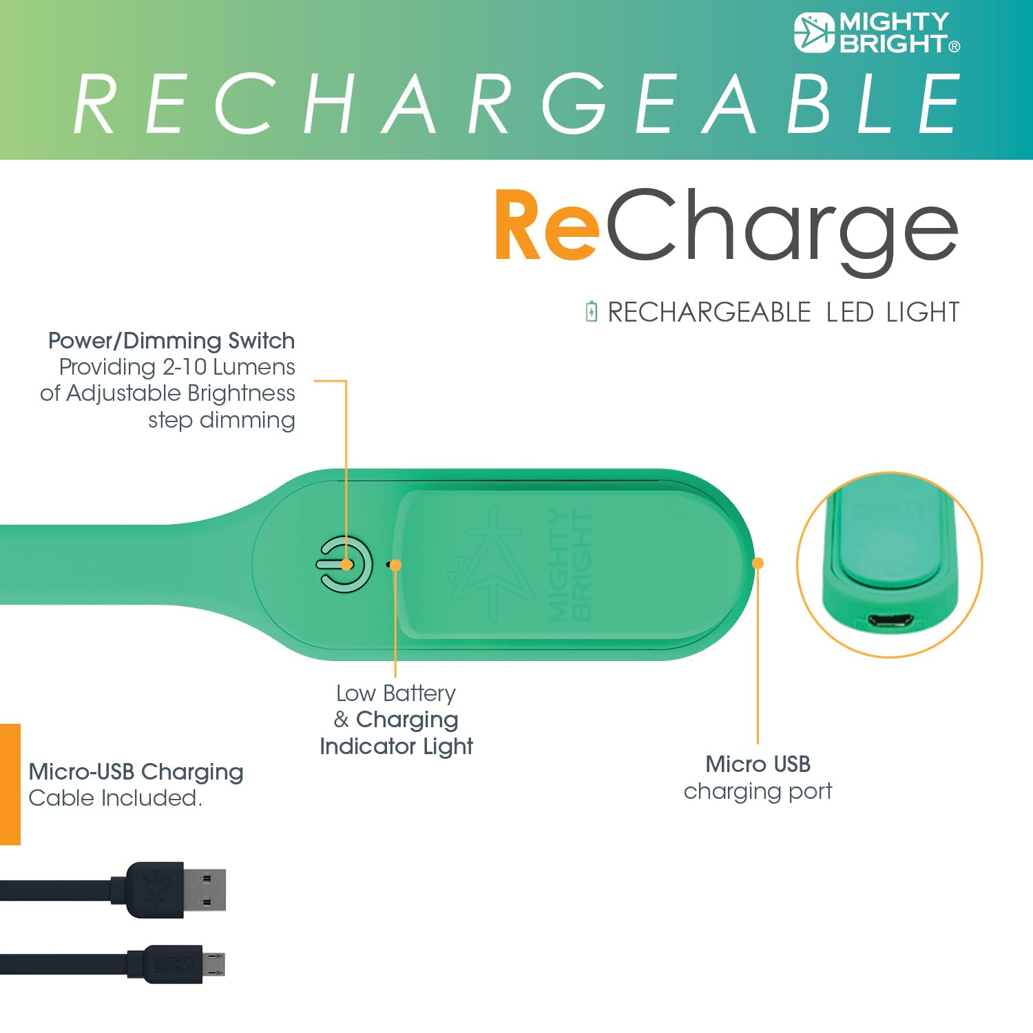 Mighty Bright Rechargeable Book Light - Warm LED, Flexible, Dimmable, Model 47014, Green