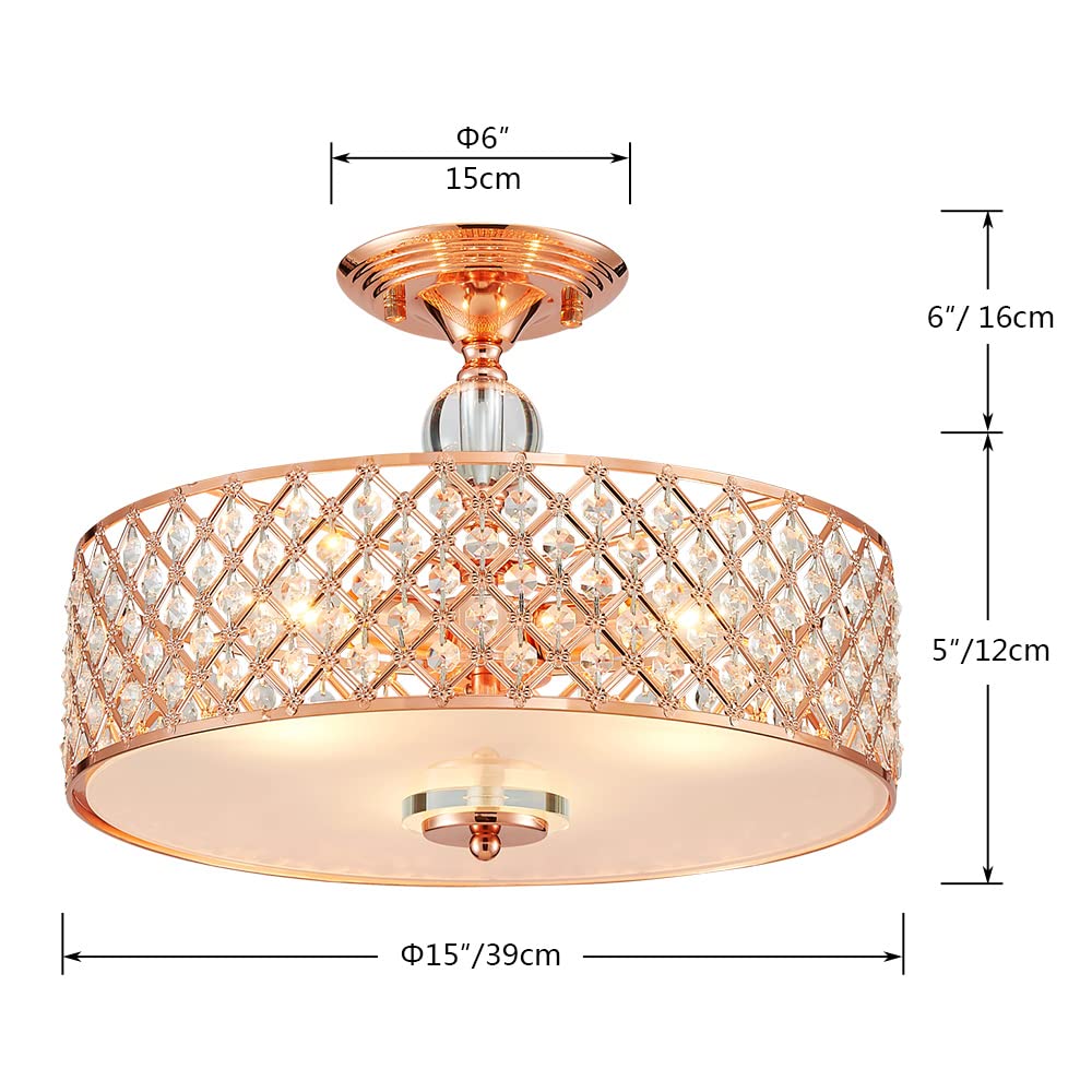 SM Saint Mossi 3-Light Semi Flush Mount Chandelier, Modern K9 Crystal, Rose Gold Finish, H11 x D15.4, Model SM-DY-22021-CA