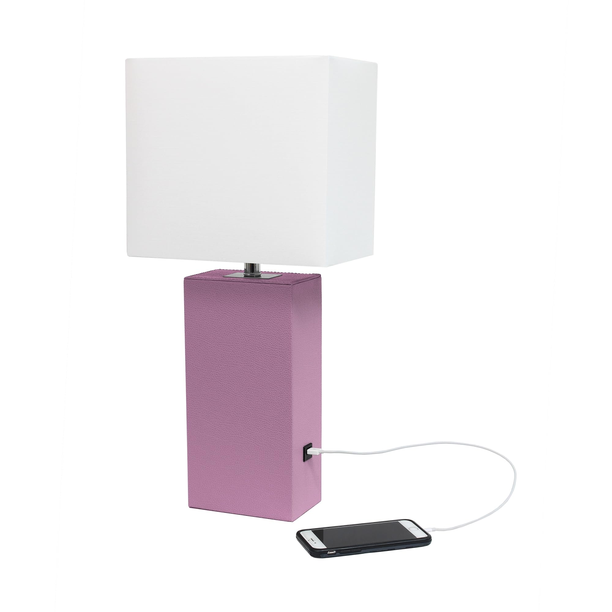 Elegant Designs Lt1053-Prp Modern Leather Usb And White Fabric Shade Table Lamp, Purple (Pack Of 1)
