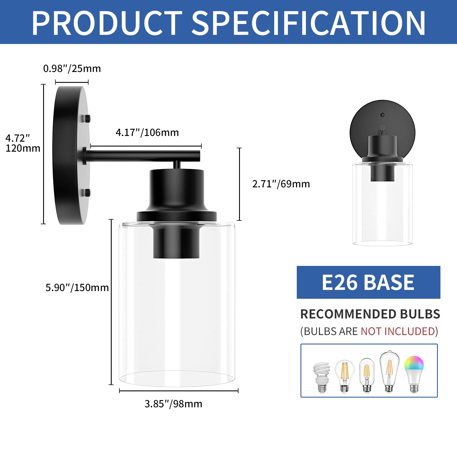 Gordnwe 1-Light Bathroom Wall Sconce, Matte Black Vanity Light, Modern Wall Light Fixture With Clear Glass Shade And E26 Bulb Ba