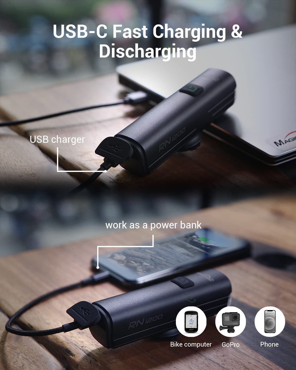 Magicshine Bike Light Rn 1200, Cree Led, Ipx7, 4000Mah Battery Type-C Reverse Charging, Powerful Bike Headlight Compatible With: Mountain, Kids, Street