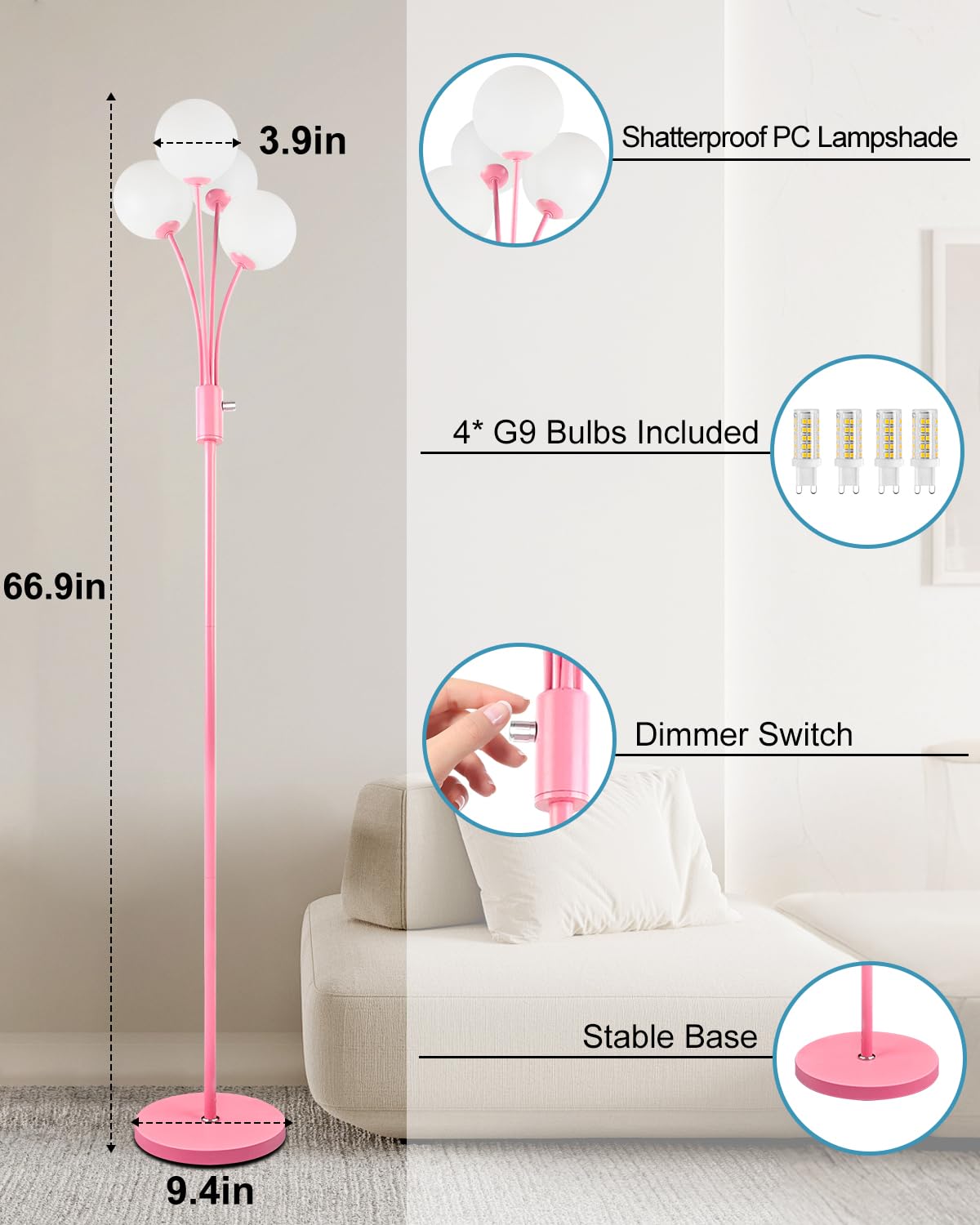 Lightdot 67In Dimmable Globe Floor Lamp 4-Lights Pink Standing Lamps With 4Pcs 3000K G9 Bulbs Soft Warm White Mid Century Modern