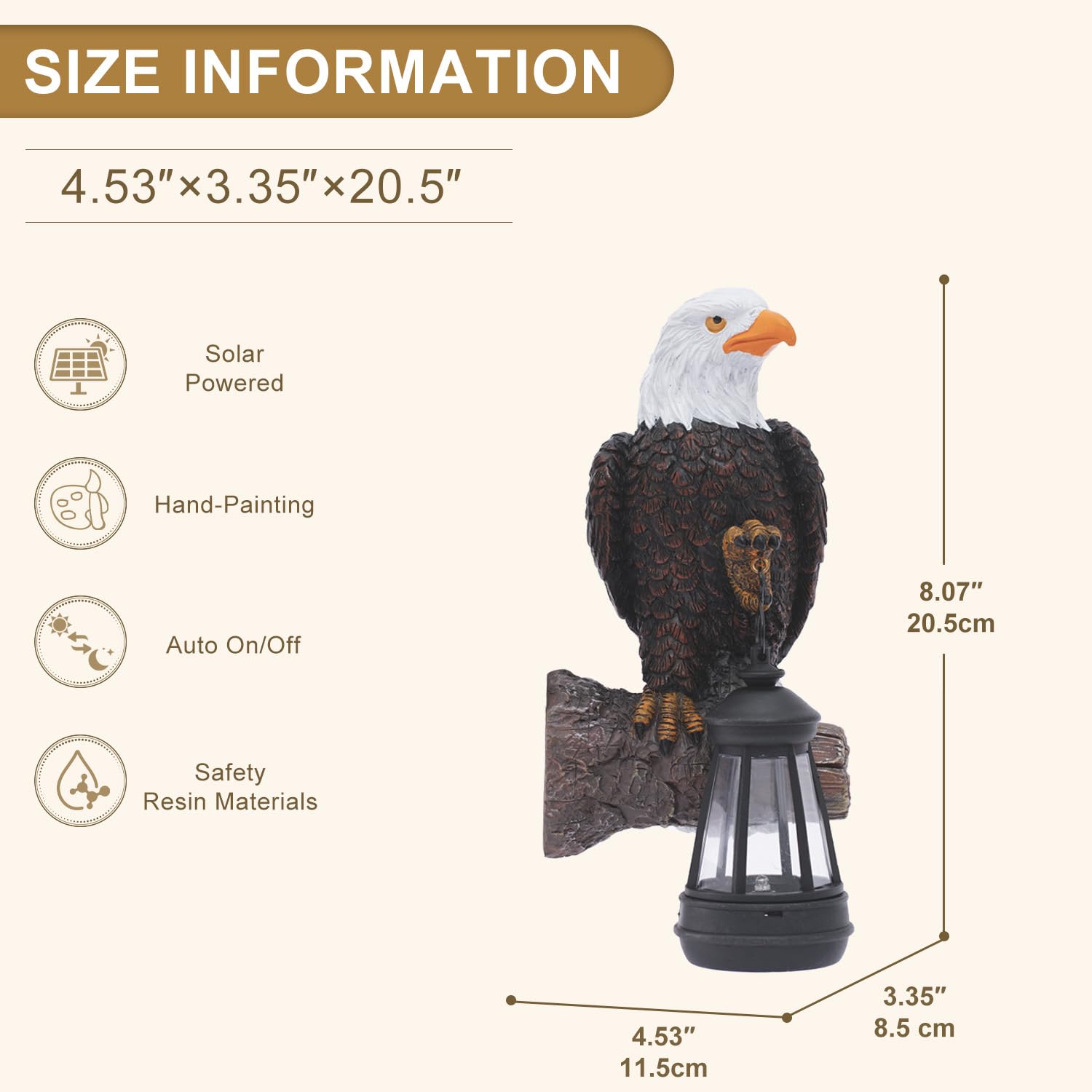 Fashionoda Eagle Tree Hugger Resin Statue with Solar Lantern - Outdoor Garden Decor - Dark Black - Model LD602497