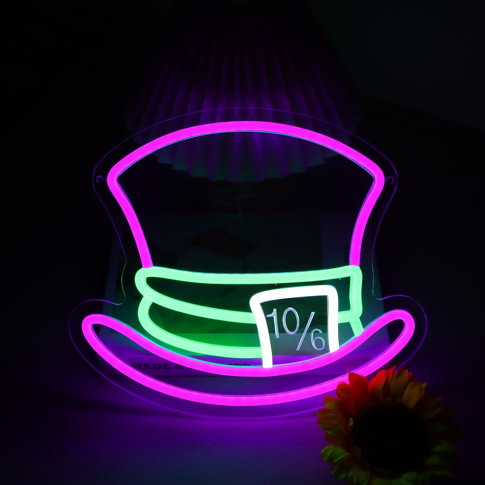 Mad Hatter Hat Neon Signs For Wall Decor Dimmable Alice In Wonderland Led Lights For Bedroom Man Cave Party Bar Background Decoration Birthday And Halloween Gifts  11.42 * 9.8 Inches