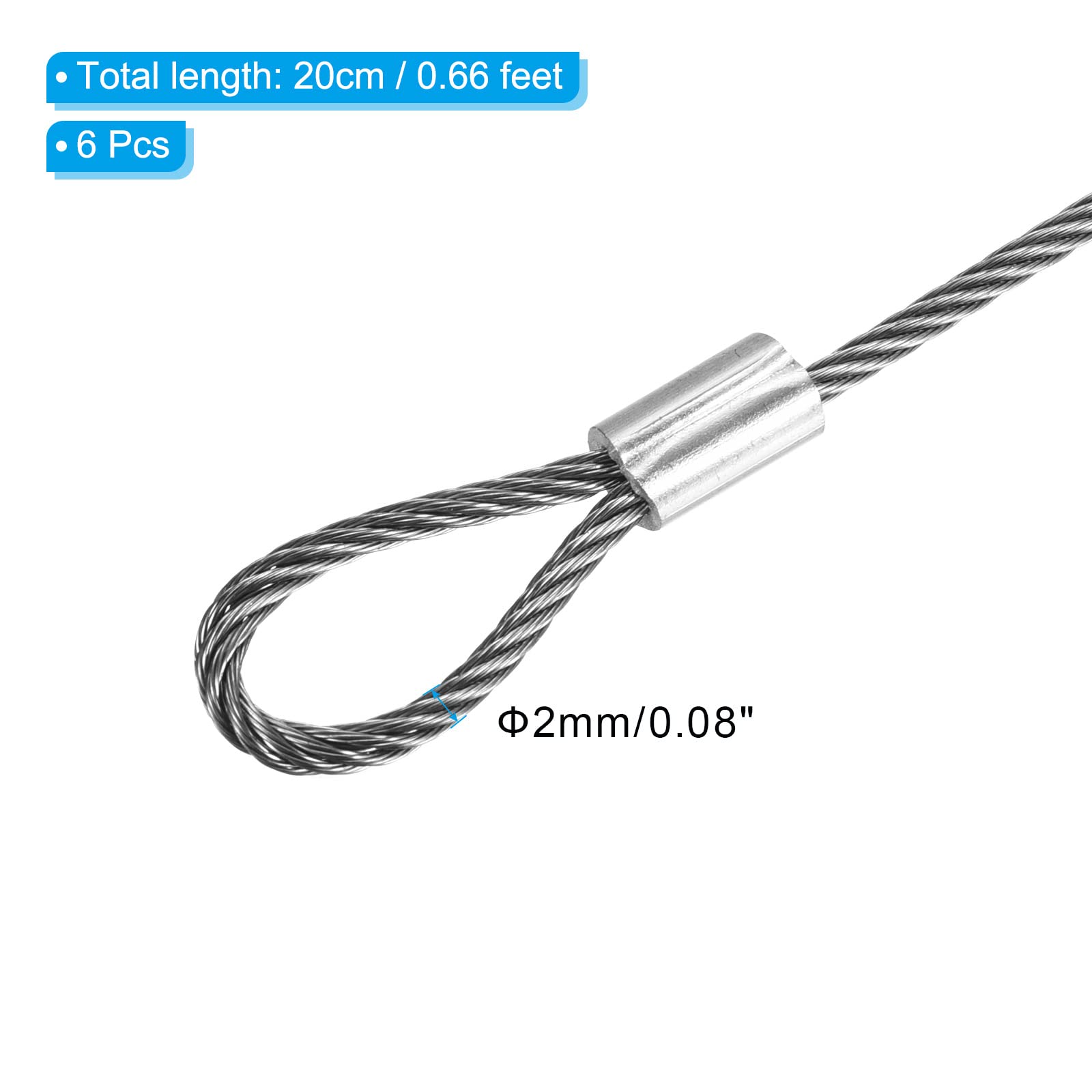 PATIKIL 8 Inch Security Cable Wire, 6 Pack Stainless Steel, Double Loop for DJ Lighting & Luggage Lock, 20cmx2mm, Silver