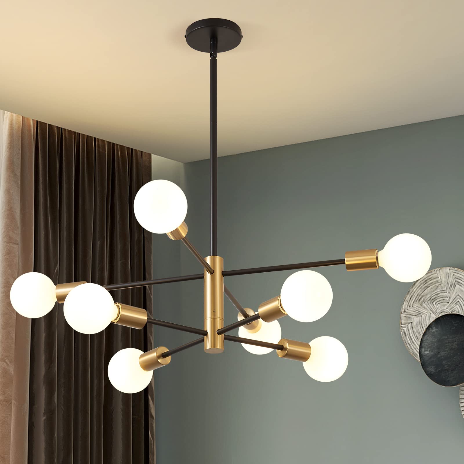 KAISITE Modern Sputnik Chandelier - 8-Light Ceiling Light Fixture Height Adjustable Mid Century Plating Finished Black and Gold 