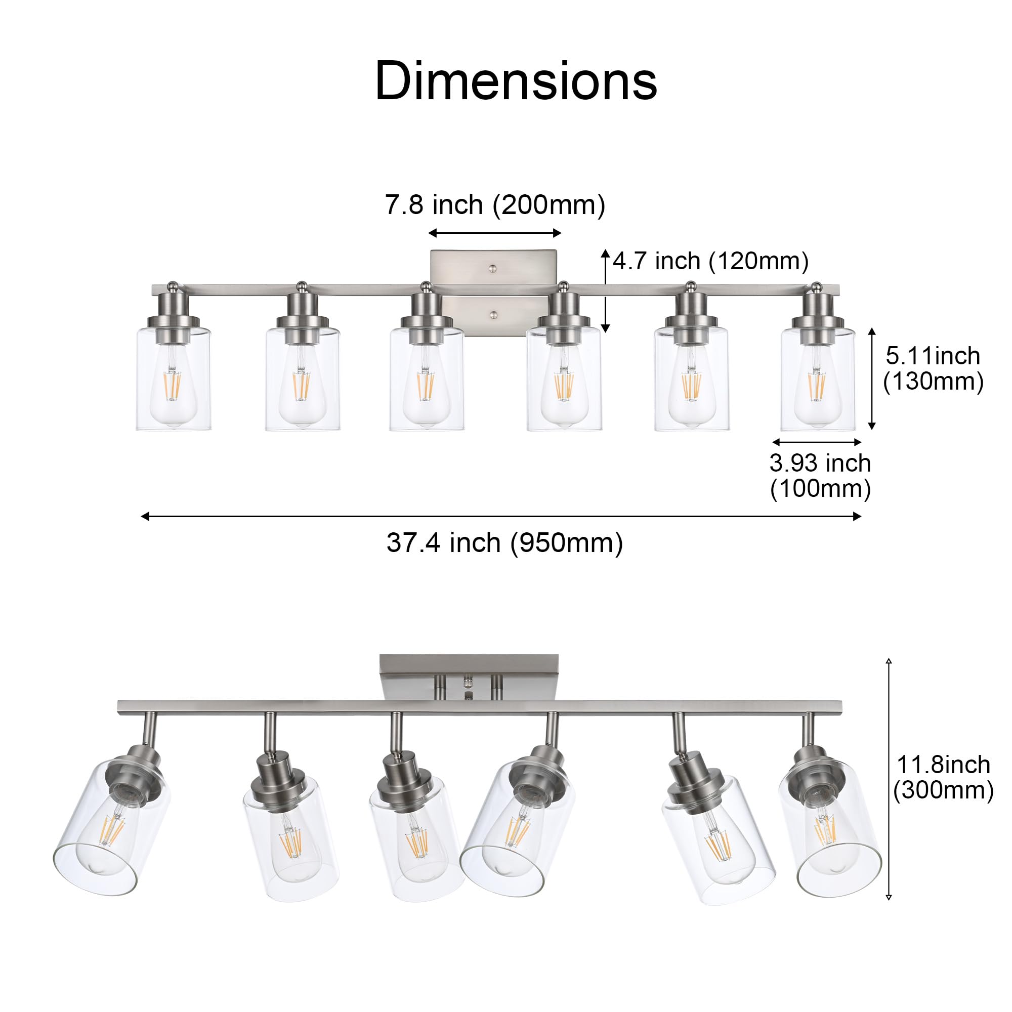 Wanluce 6-Light Track Lighting Kit, Brushed Nickel, Iron, Model 16450SP-6SN, Clear Glass, Rotatable Spotlight for Kitchen and Bathroom