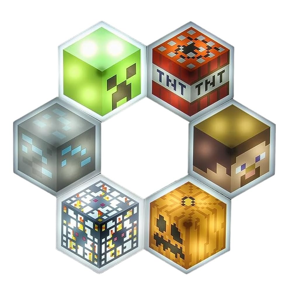 Paladone Minecraft Officially Licensed Led Hexagon Block Light Customizable Iconic Gamer Decor For Boys Room, Wall Mounting Remote Or Touch Control Gaming Accessory Gift - Creeper, Tnt And Steve