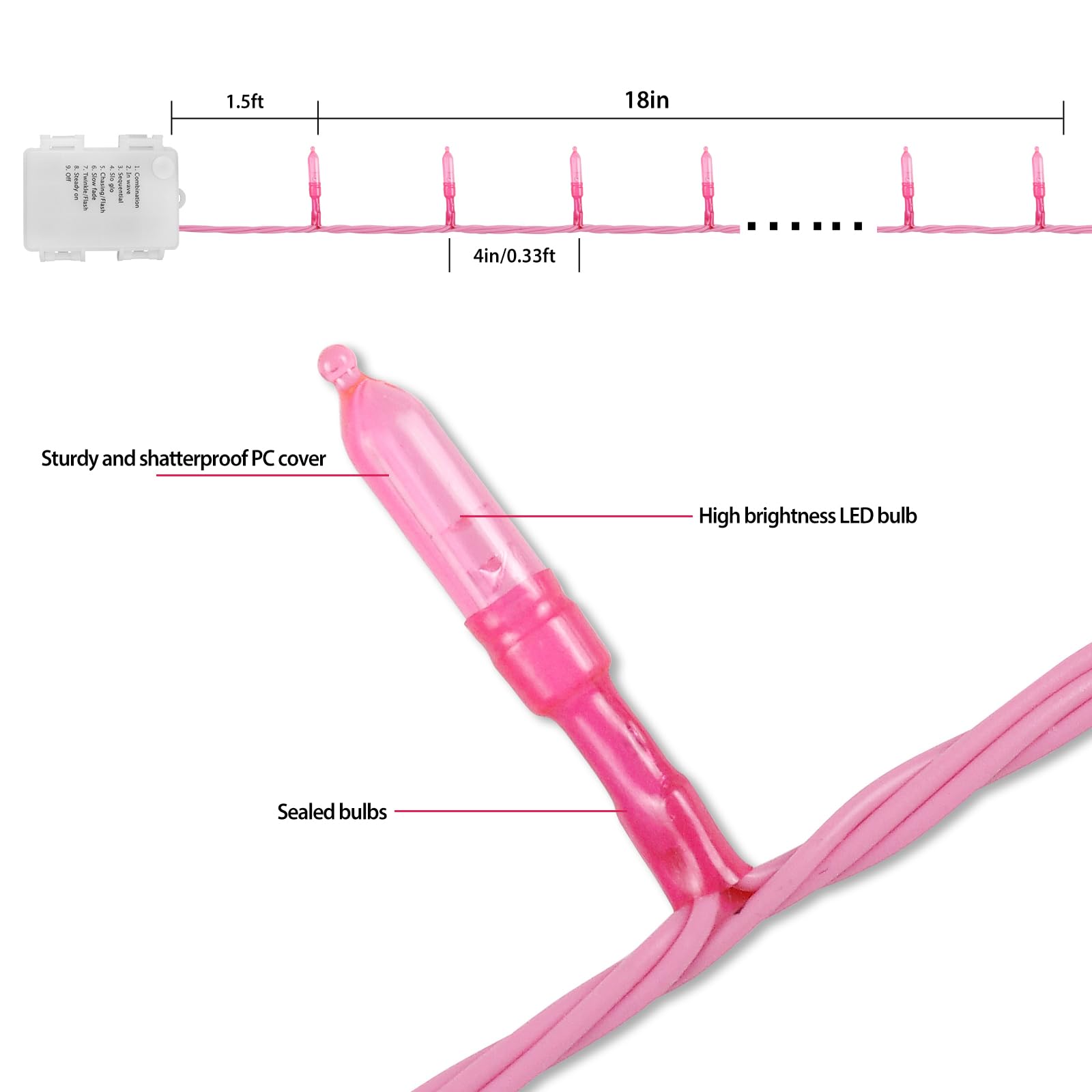 Filltown Pink Lights Battery Operated String Lights, 33Ft 100 Led With Auto Timer & 8 Modes & Remote Control, Shatterproof Waterproof For Outdoor Indoor Valentine'S Day Wedding Party Home