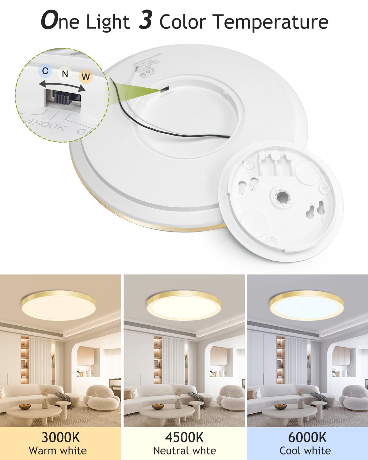 Hepside 1Pack Flush Mount Led Ceiling Light Fixture Golden, 12Inch 28W, Dimmable 3000K-4500K-6000K 3 Color Selectable Ceiling La