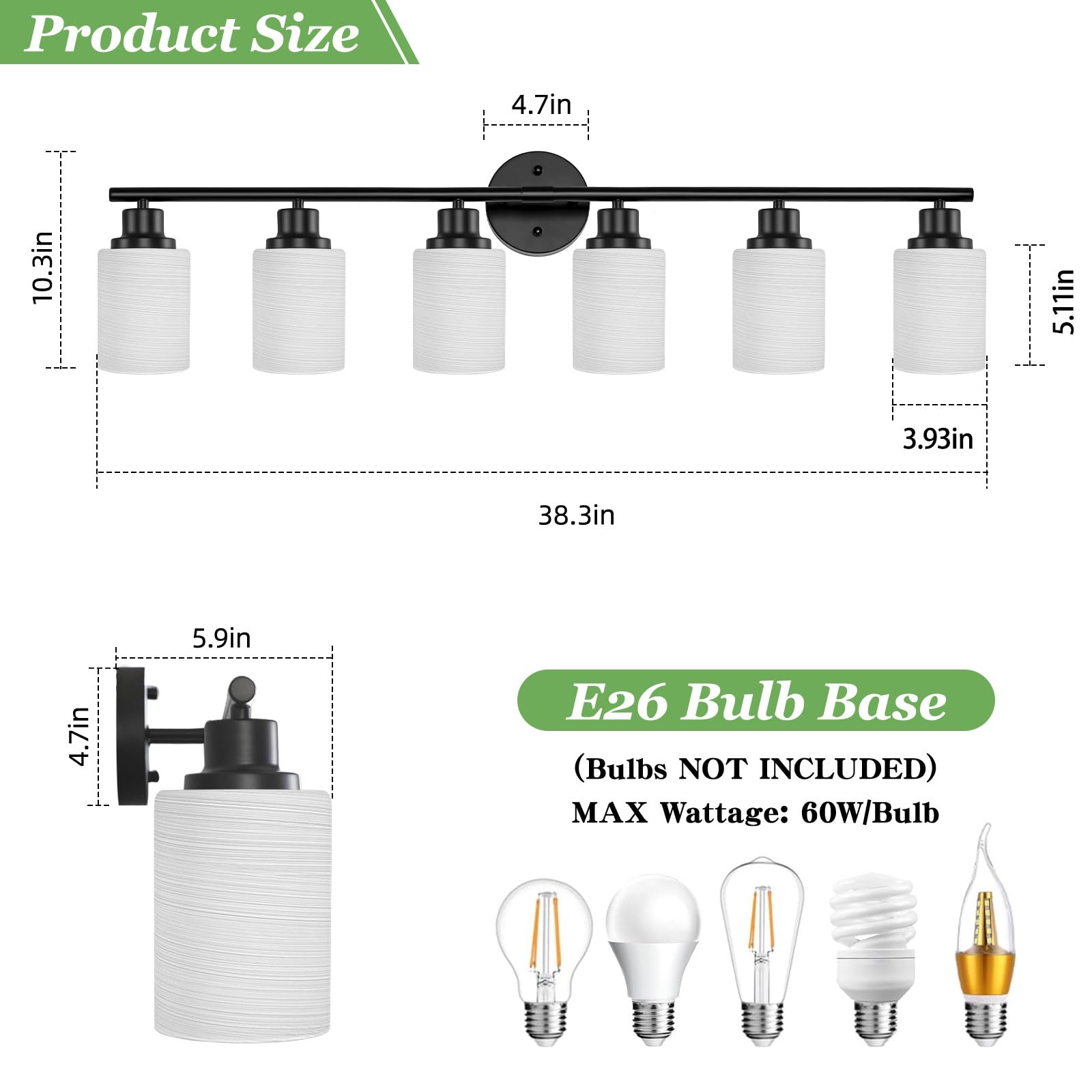Guliaofo 6-Light Matte Black Vanity Lights, E26 Base, Milky White Frosted Glass Shade, Modern Bathroom Wall Sconce, Model Gu-111-LWNBH-5