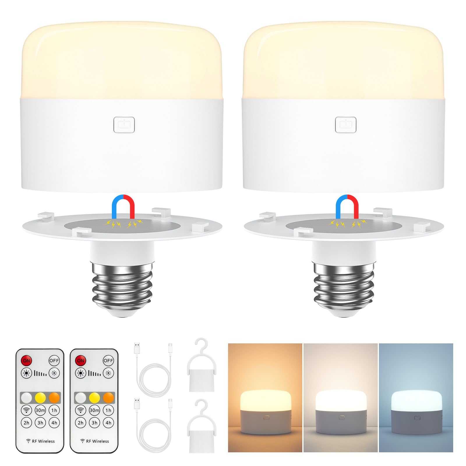 Glitnous Rechargeable Light Bulbs with Remote, 13000mAh 3 CCT Battery Operated Light Bulb Detachable E26 Base, Dimmable Wireless