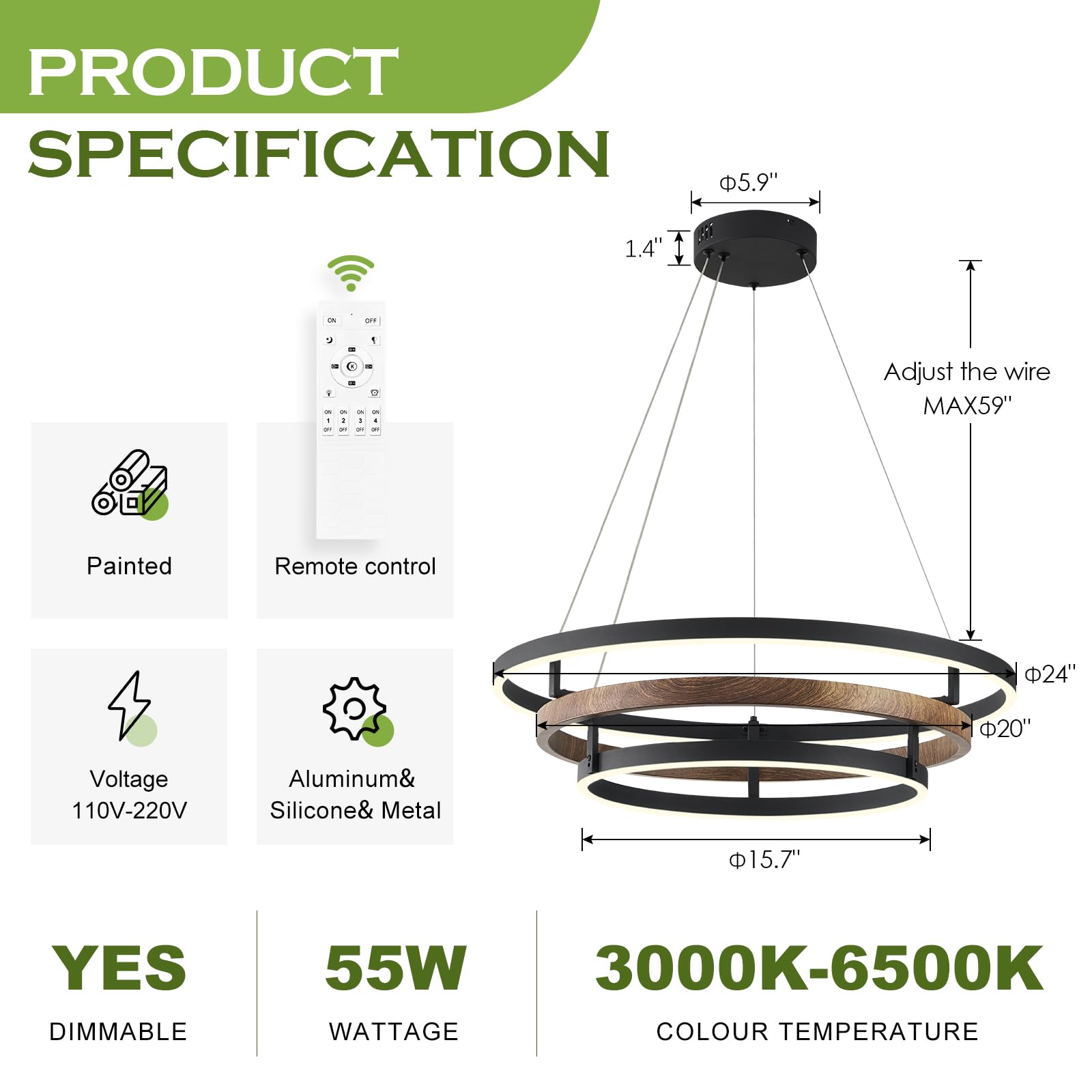 Benkut Modern LED Chandelier, Dimmable 3 Ring Pendant Light, 23.6 in, Wood Grain Black, Remote Control, High Ceiling for Dining Room & Kitchen