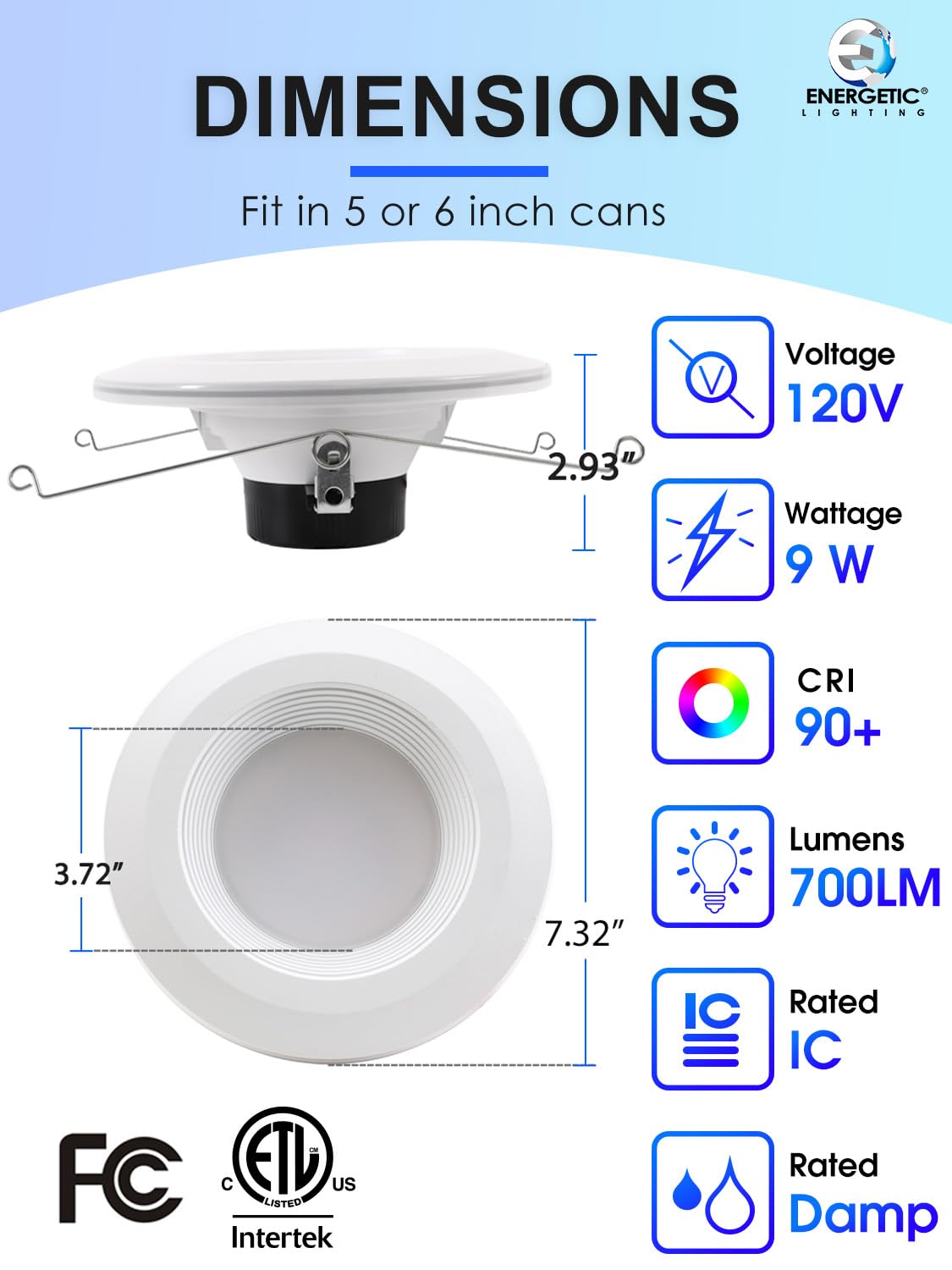 E ENERGETIC LIGHTING 6 Pack 6" LED Recessed Can Lights, Dimmable, 5000K Daylight, 9W=85W, Damp Rated,